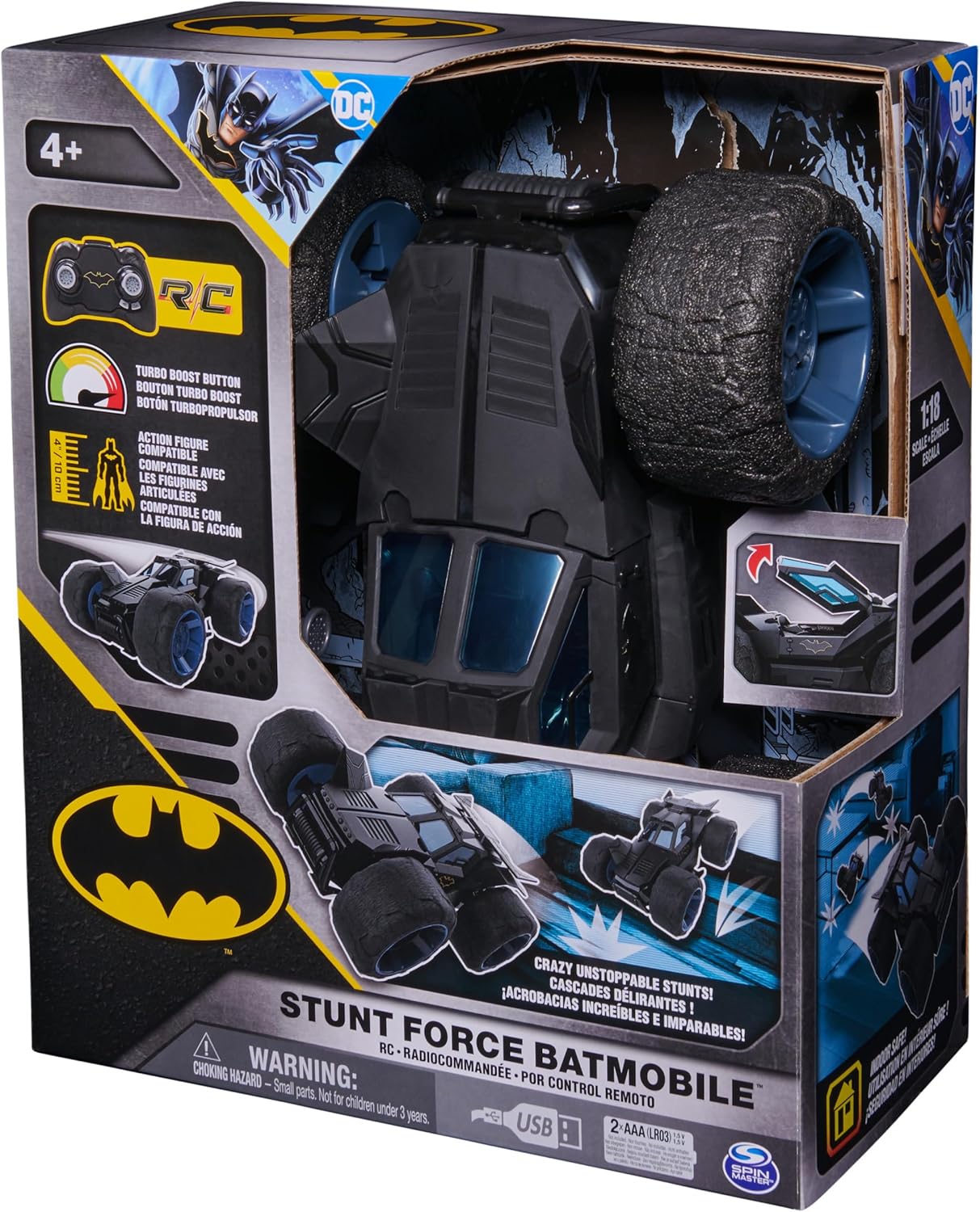 DC Comics, Batman Stunt Force Batmobile, Indoor Remote Control Car, Turbo Boost & Crazy Stunts, Collectible Super Hero Kids Toys for Boys and Girls 4 and Up