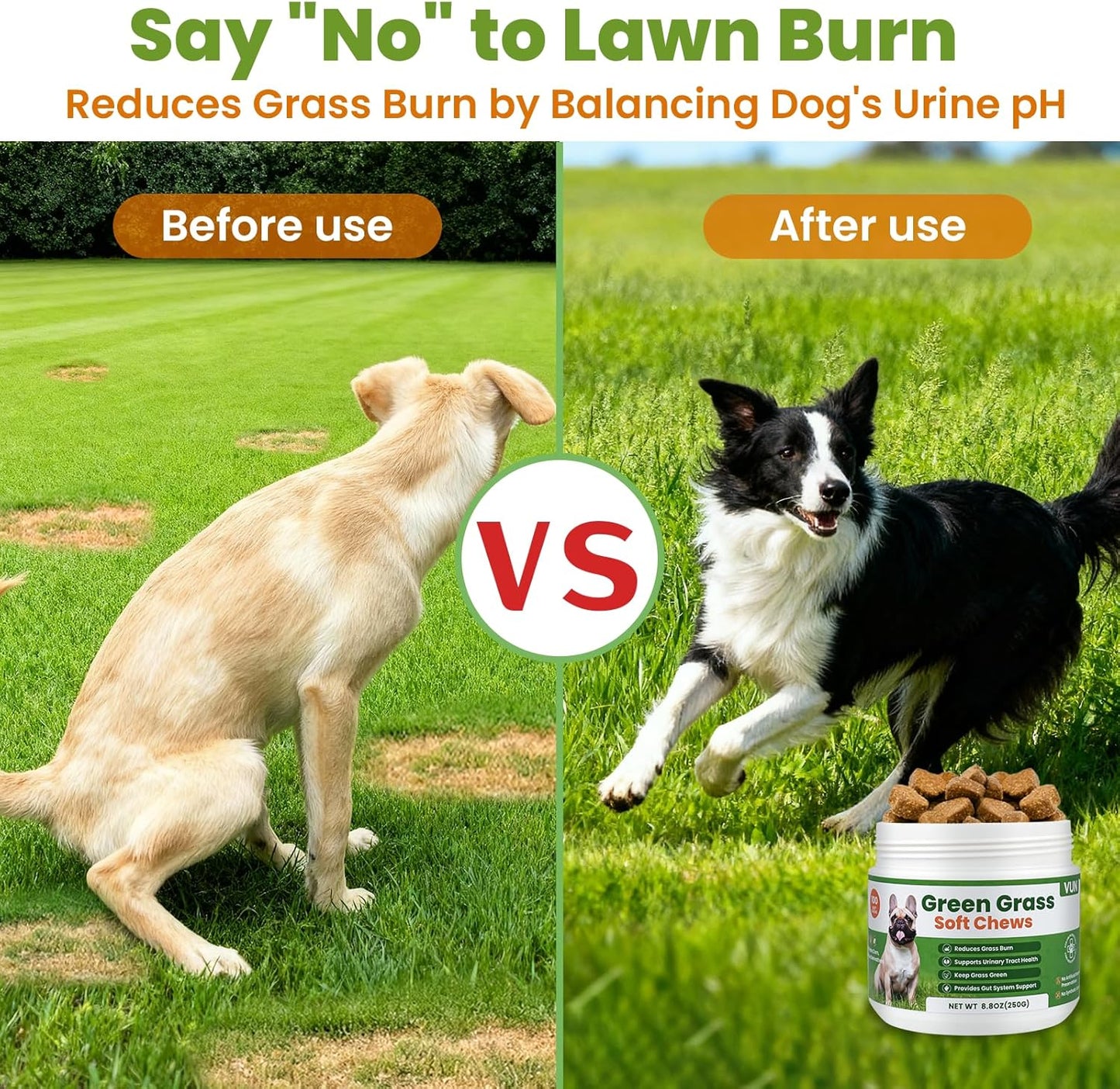 VUN Dog Urine Neutralizer for Lawn – Green Grass Dog Chews to Prevent Yellow Spots & Lawn Burn – Grass Saver Soft Chews with DL-Methionine,Cranberry&Probiotics-100 Soft Chews