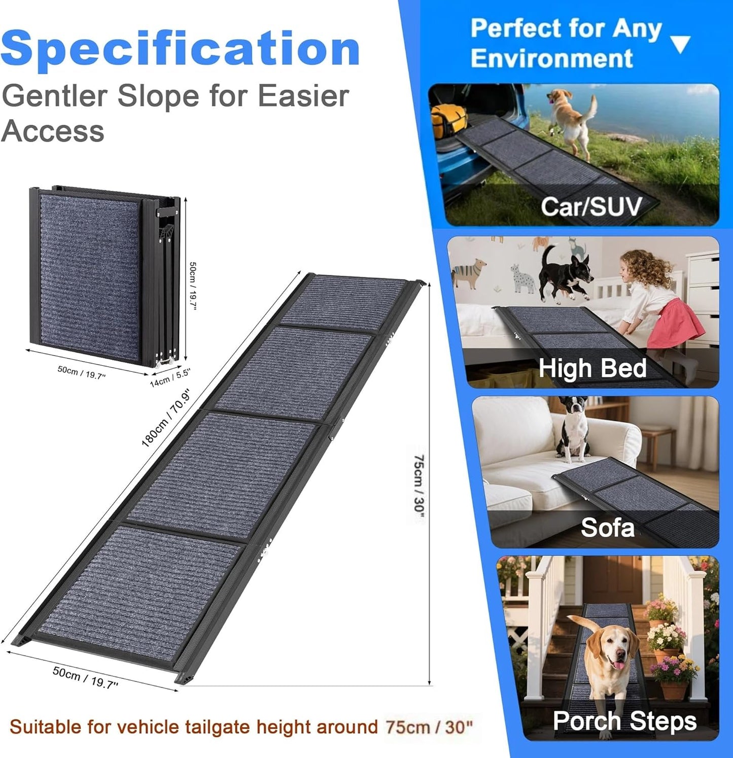 COSIEST Dog Ramp for Car, 70.9" L x 19.7" W Extra Wide Folding Dog Ramp for Large Dogs Up to 250LBS, Portable Pet Steps with Non-Slip Surface for SUV, Bed