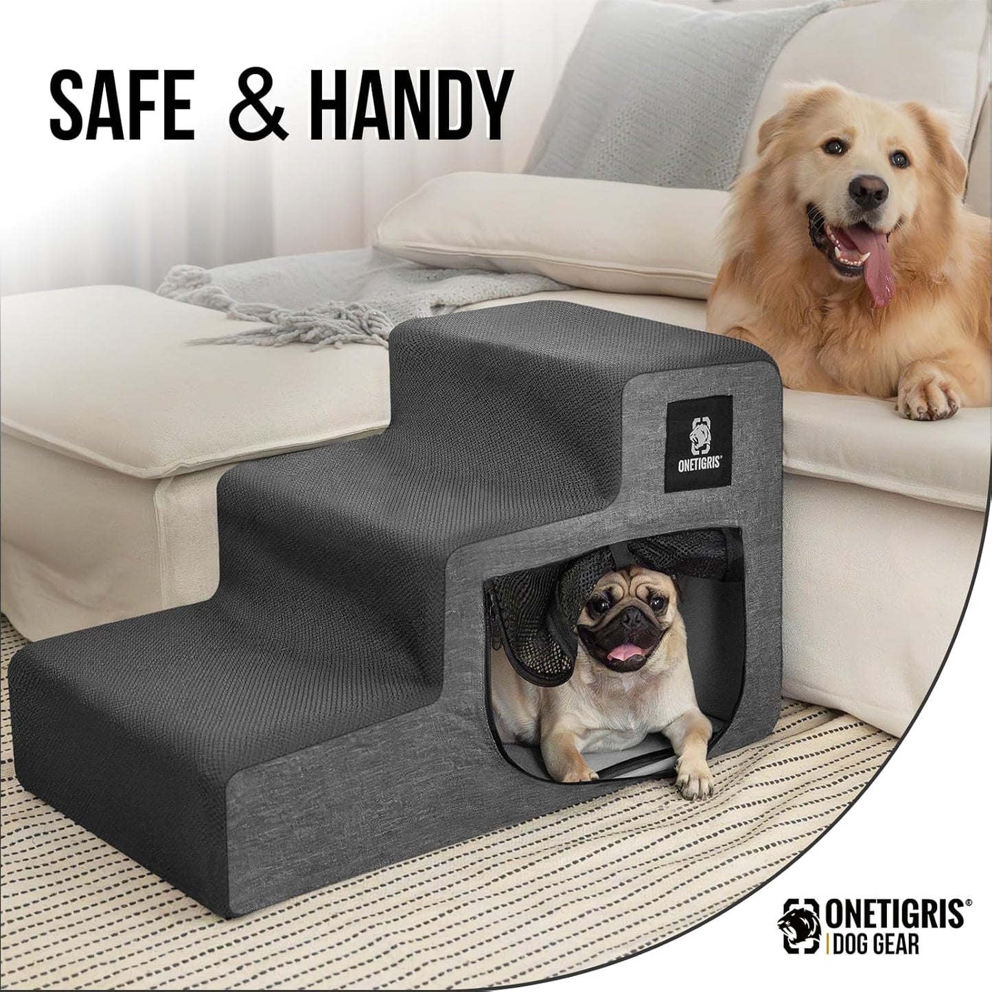 OneTigris Dog Stairs for Small Dogs, 4-Step Dog Ramp for Bed 22.5" H, Dogs Steps for Bed, Couch, Pet Stairs with Non-Slip Bottom Design, Cat Scratching, Pet Steps, Indoor, Grey