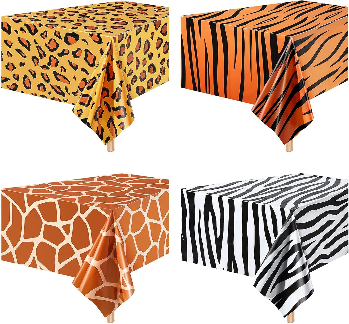 Animal Safari Tablecloth Jungle Animal Theme Tablecover Tiger Zebra Giraffe Print Table Cover Tropical Leaf Tablecloth Party Supplies for Jungle Safari Birthday Baby Showers (Leopard Style, 4 Pcs)