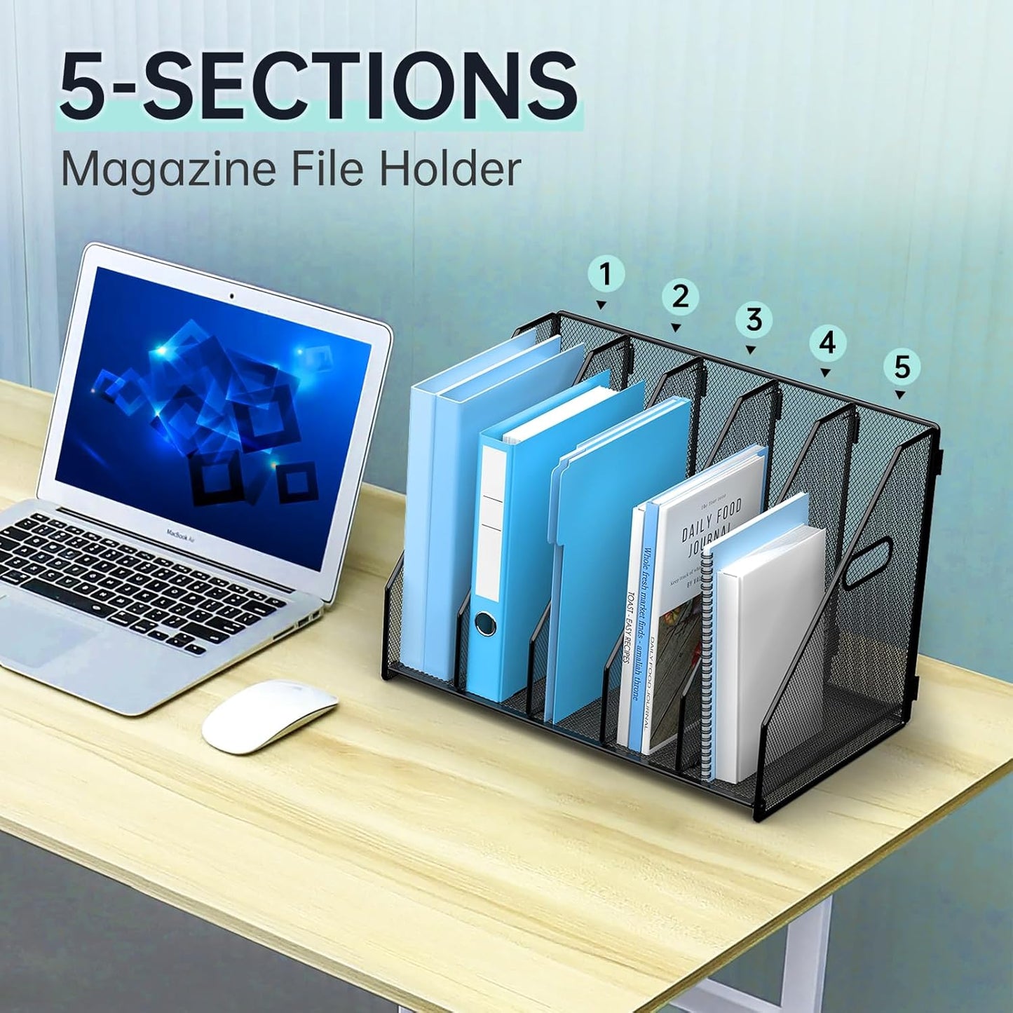 Desk File Organizer Metal Desk Magazine Folder Holder with 5 Vertical Compartments Rack File Organizer for Office, Home, School, Black