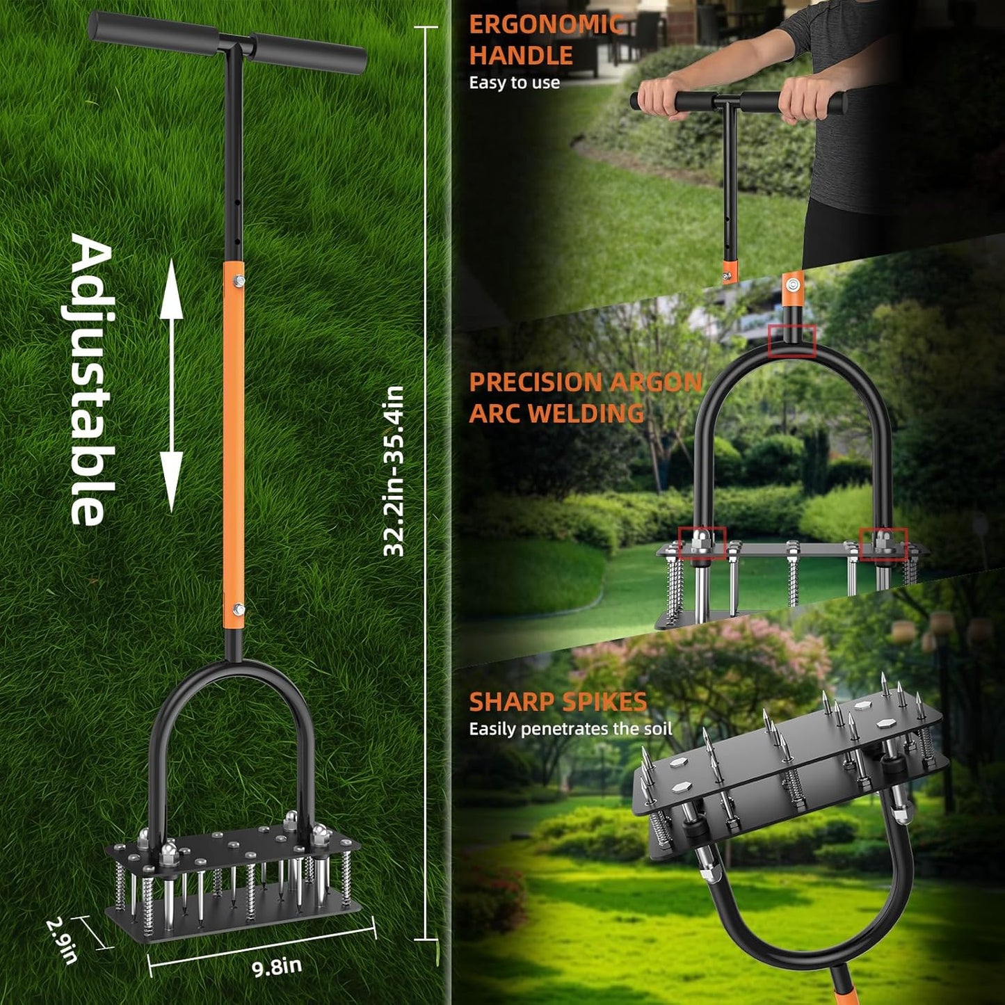 GAINO Manual Lawn Aerator Tool with 15 Spikes, 32"-35" Adjustable T-Handle Aerator for Lawn, Automatic Dirt Ejection Design, Heavy Duty Yard Grass Aerator for Soil Compaction, Black & Orange