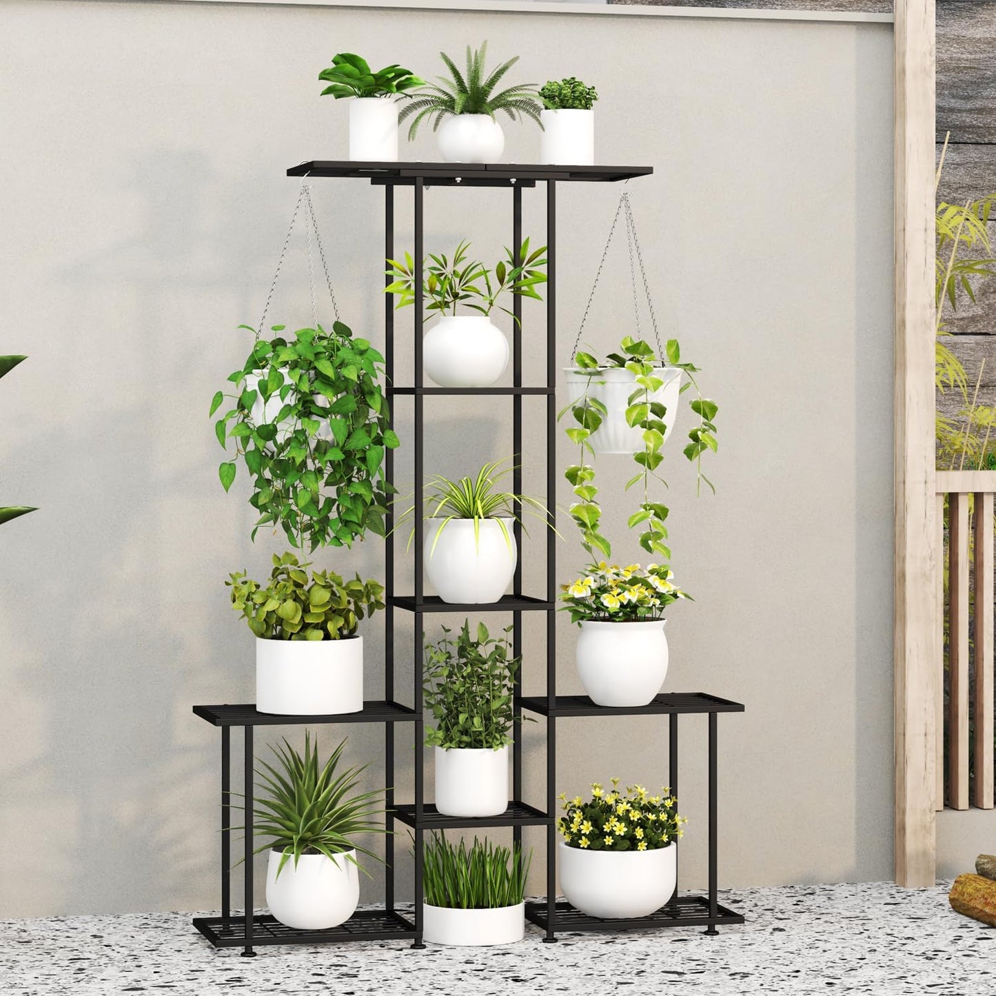 Plant Stand Indoor Outdoor, Metal 6 Tier Tall Hanging Plant Shelf for Multiple Flower Planter Large Heavy Duty Ladder Plant Holder for Garden, Black (y-201)
