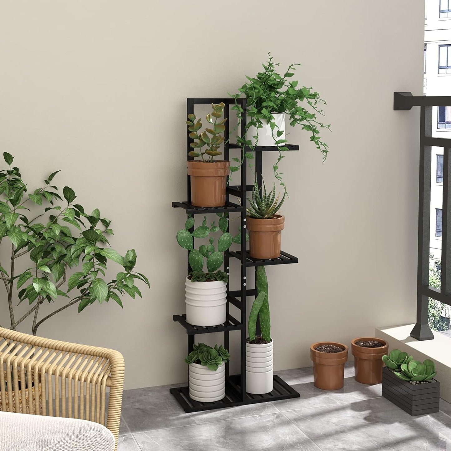 Laiensia 5 Tier Bamboo Plant Stand Rack 6 Potted Multiple Flower Pot Holder Shelf, Indoor&Outdoor Planter Display Shelves for Patio Garden, Living Room, Corner Balcony and Bedroom,Black