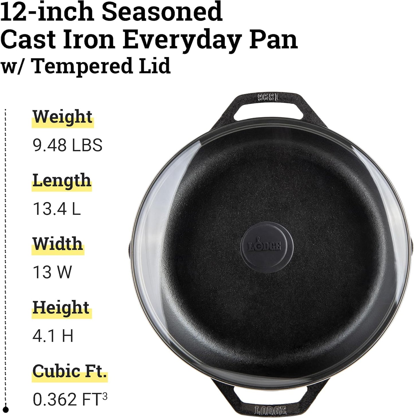 Lodge 12 Inch Cast Iron Everyday Pan - Chef Collection - Use on Oven, Stove, Grill, or Fire - Easy to Clean - Cast Iron Pan with Lid - Durable Cookware