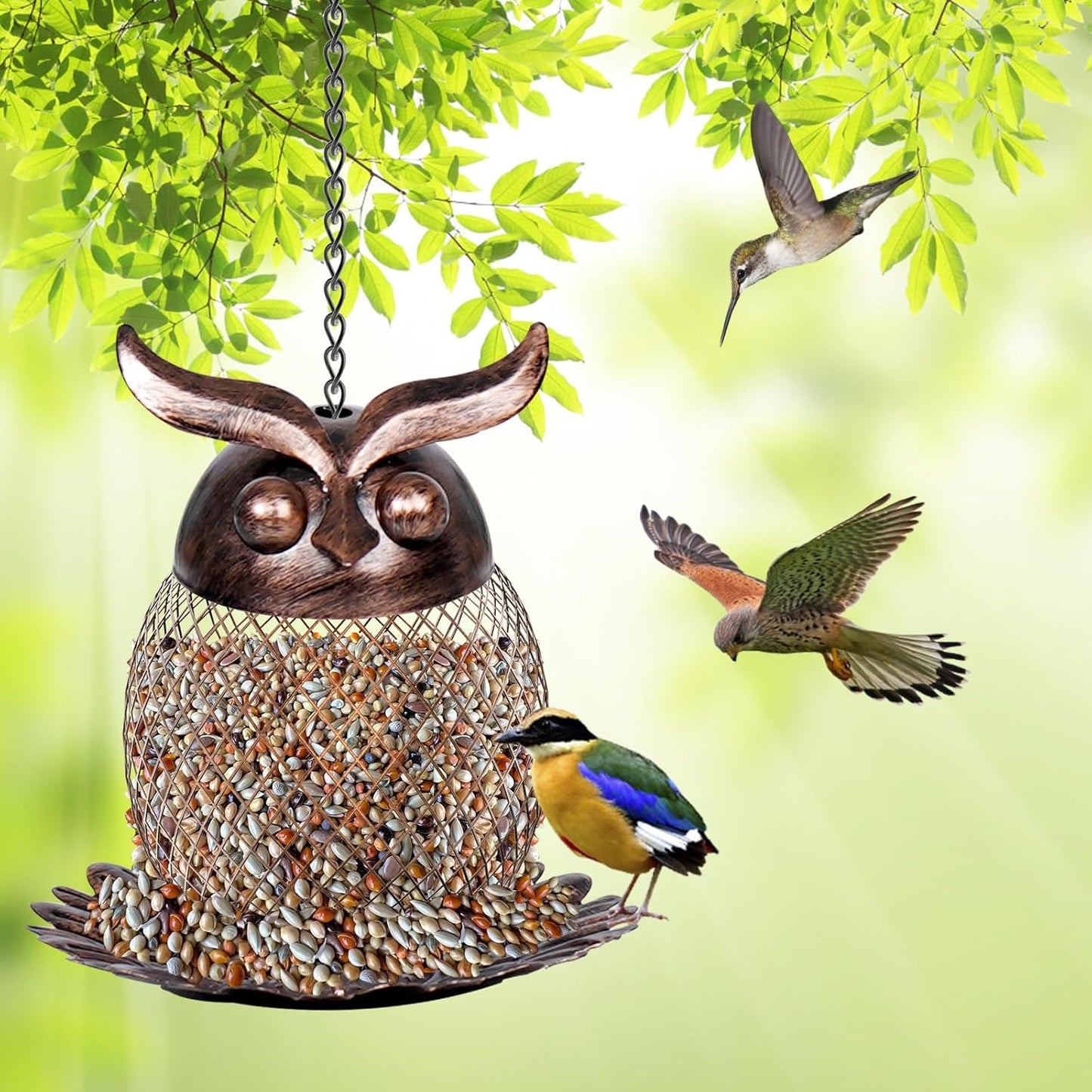 Bird Feeders for Outdoors, Metal Hanging Wild Birdfeeder with Hook for Outside Garden Yard Decor, Owl Shaped Mesh Bird Seed Feeder for Bluebird Cardinal Finch Sparrow Blue Jay