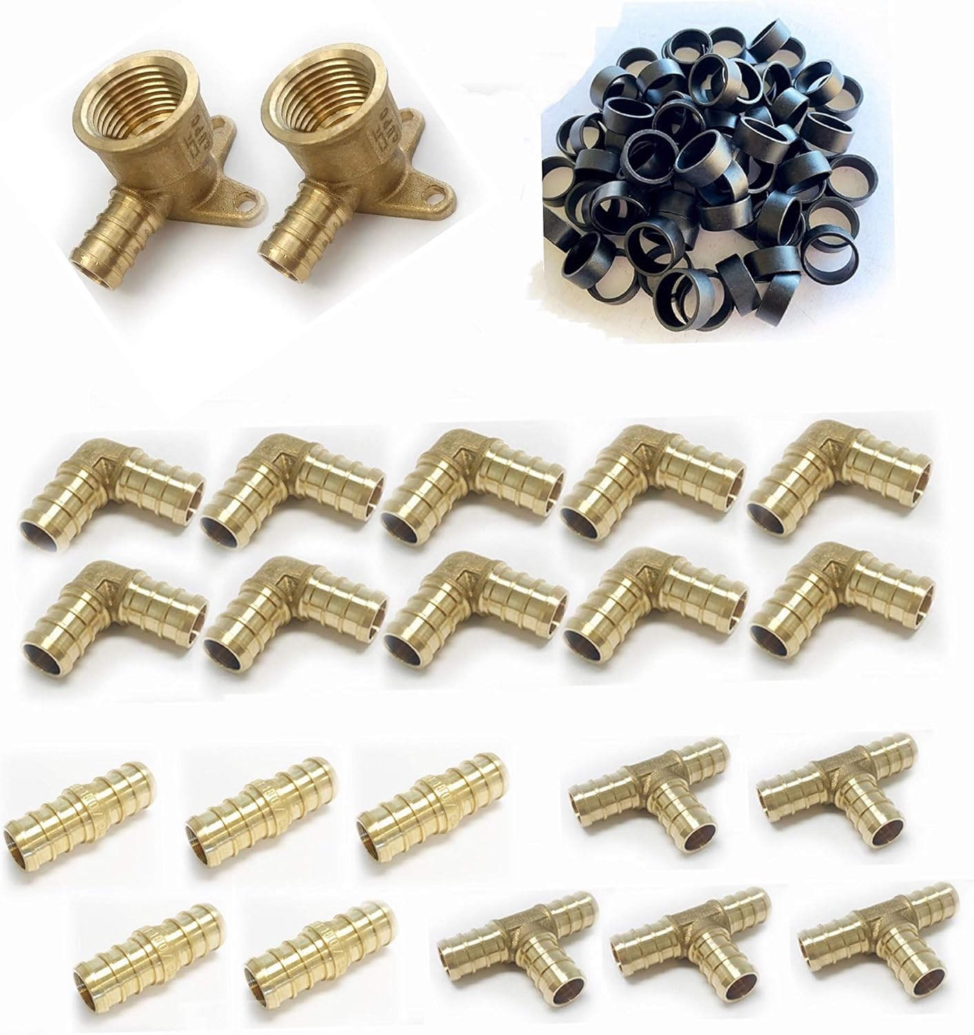 (Pack of 62) EFIELD 1/2" Pex fittings: 40 Pieces Pex Copper Rings, 1/2"x 1/2" FNPT Drop-Ear Elbow 2 Pieces, Elbow 10 Pieces, Tee and Coupling 5 Pieces each,(PEX1807189)