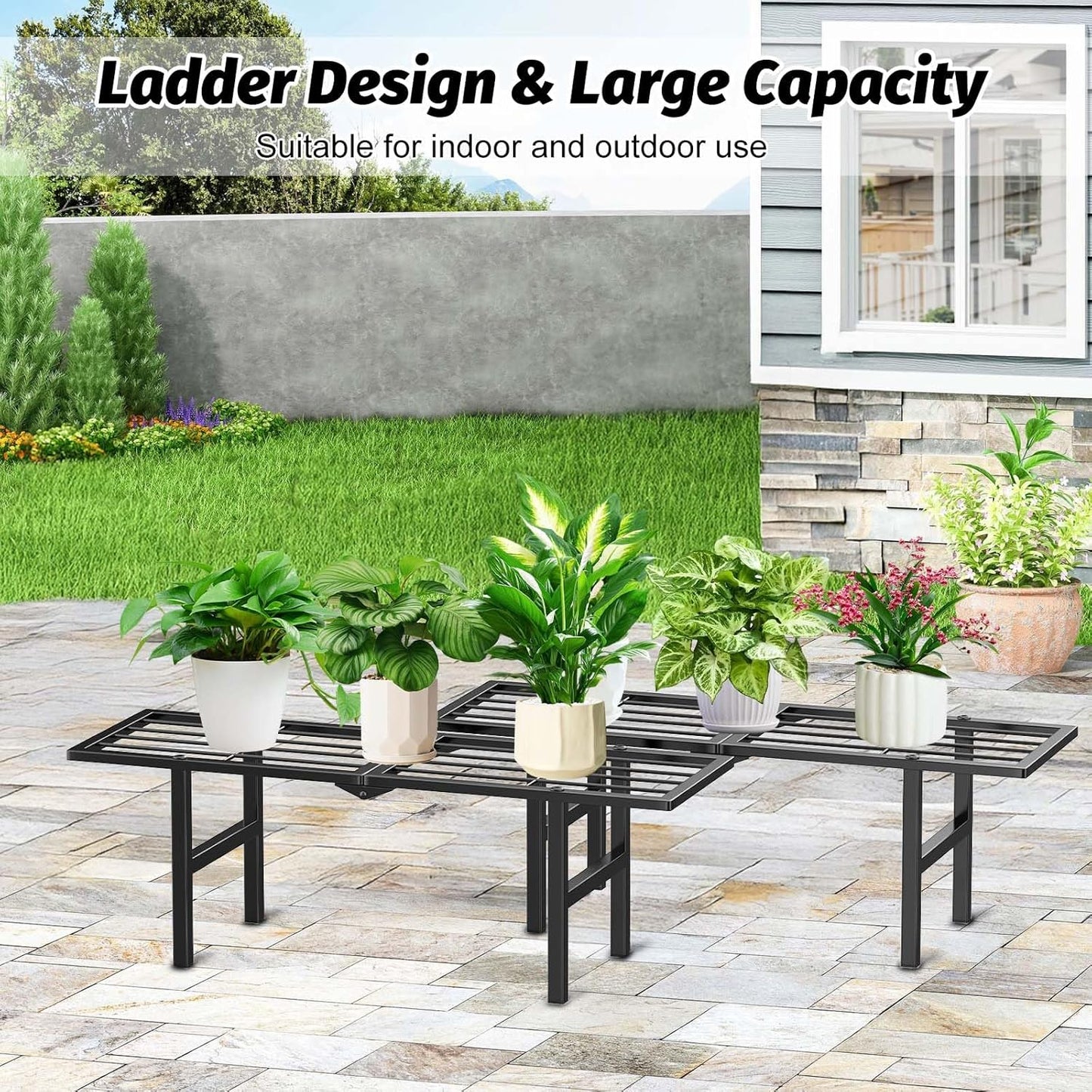 2 Pack 1 Tier Plant Stand Indoor Outdoor- Foldable Metal Plant Shelf, 8.7" Narrow Space-Saving Design for Multiple Plants, Modern Flower Pot Holder Display for Garden Patio Balcony, Black