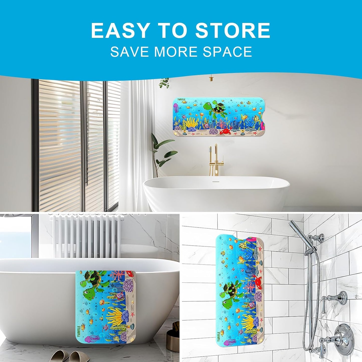XIYUNTE Baby Bath Mat for Tub Non Slip Kids Bath Mat - 40''x16'' Extra Long Cartoon Bathtub Mat Non Slip Kids Shower Mat Eco-Friendly Toddler Bath Mats with Suction Cups, Machine Washable, Sea Turtle