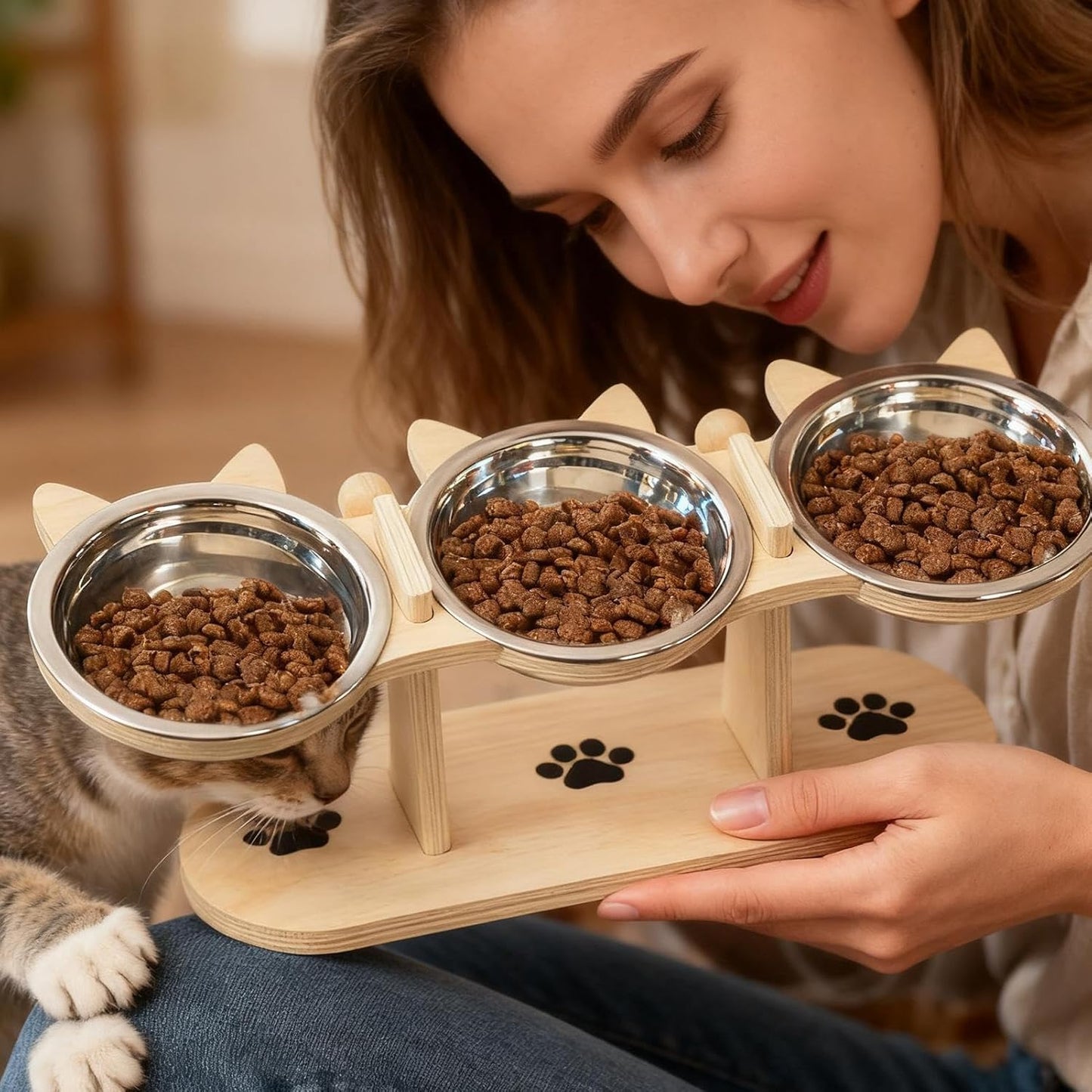 Dog Bowls Elevated - Tilted Wooden Stand, Cat Bowl Stand Feeding Station, Ergonomic Pet Supplies, Easy Clean Non Slip Design, for Kitten Puppy Small Medium Breed Feeding Indoor Outdoor