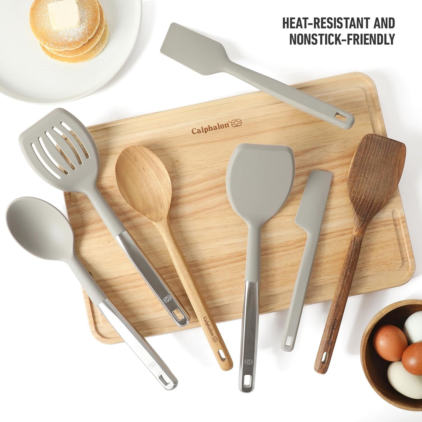 Calphalon Prime 7 Piece Sillicone and Teak Wood Kitchen Tool & Gadget Set - Taupe