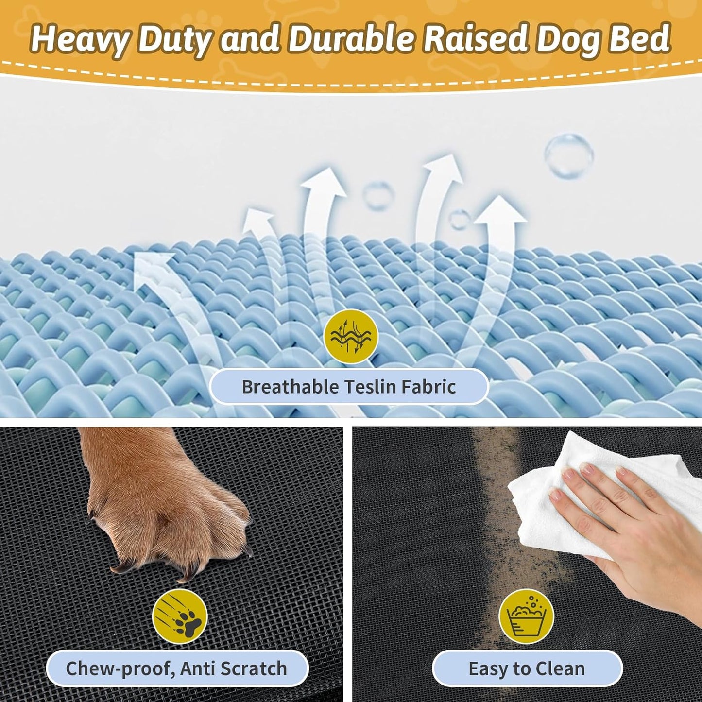 Foldable Elevated Dog Bed for Large Pet, No-Assembly-Need Folding Raised Dog Bed, Waterproof Outdoor Dogs Cot Cooling Pet Hammock Beds with Breathable Mesh, Chew-Proof, Black