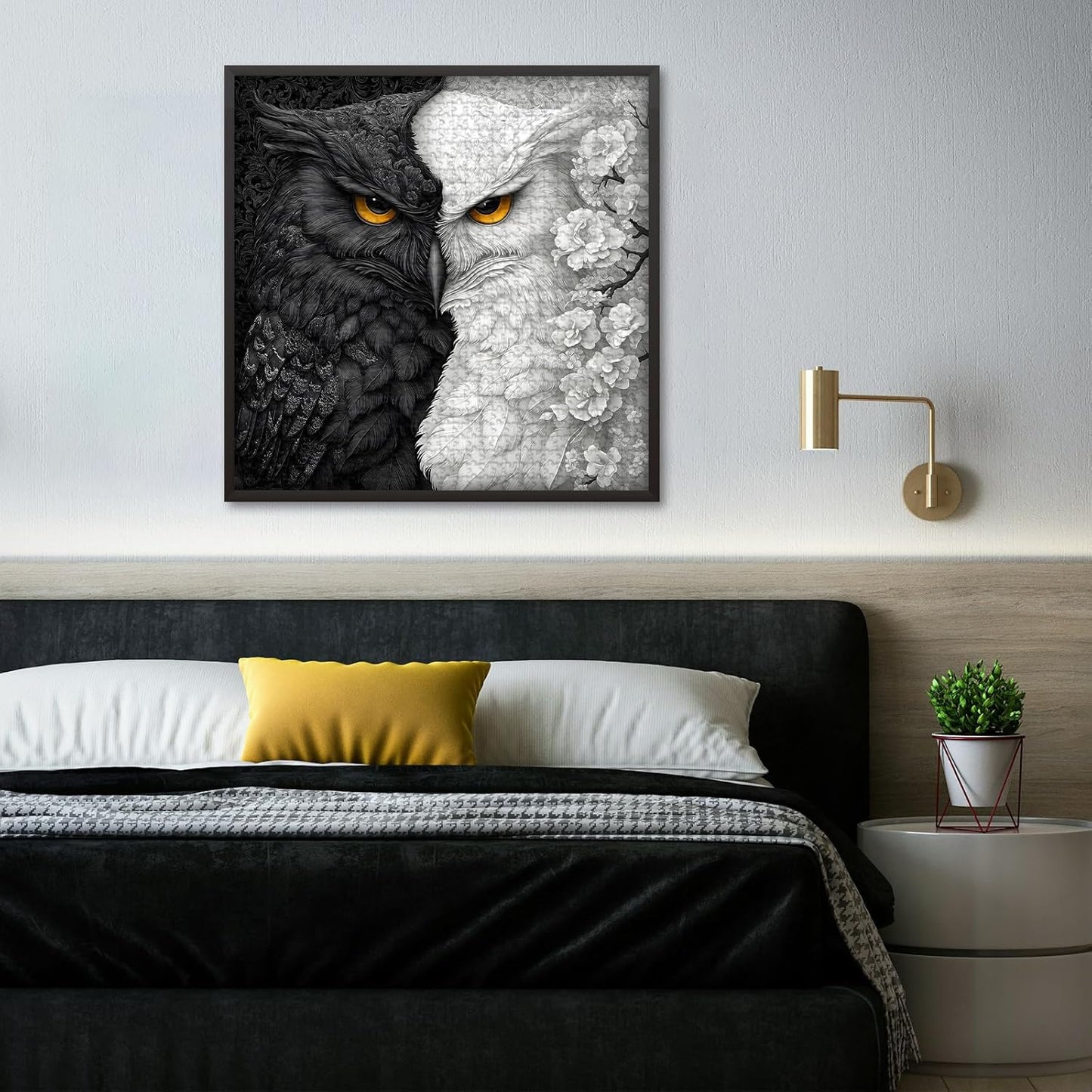 Yin Yang Owl Puzzle for Adults 1000 Pieces，Black and White Puzzles Owl Flowers, Impossible Difficult Hard Bird Jigsaw Puzzle, Animal Floral Art Challenge Puzzle Aesthetic