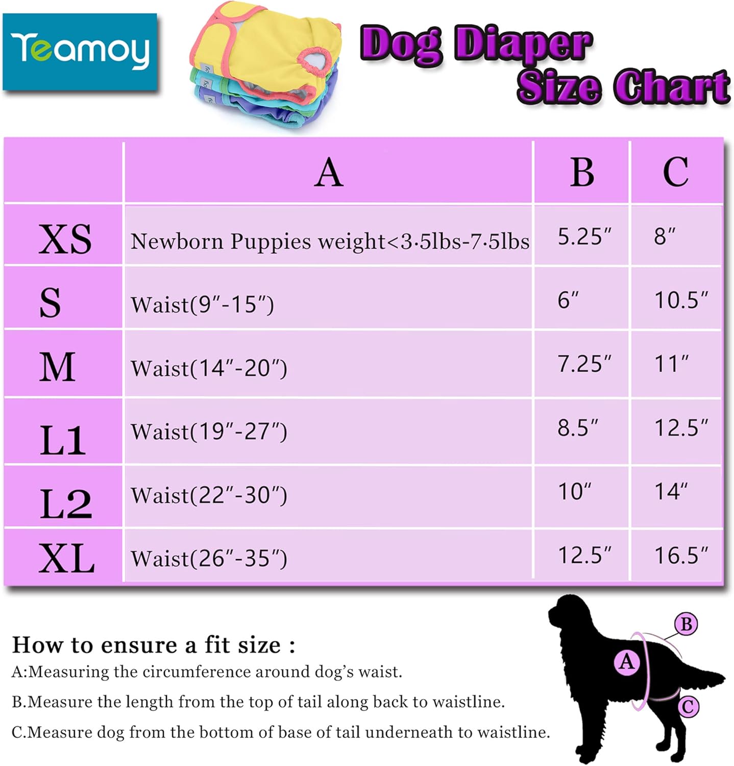 Teamoy 3Pcs Washable Female Dog Diapers, Reusable Doggie Diaper Wraps for Female Dogs, Super-Absorbent and Comfortable, Yellow + Purple + Blue, XL