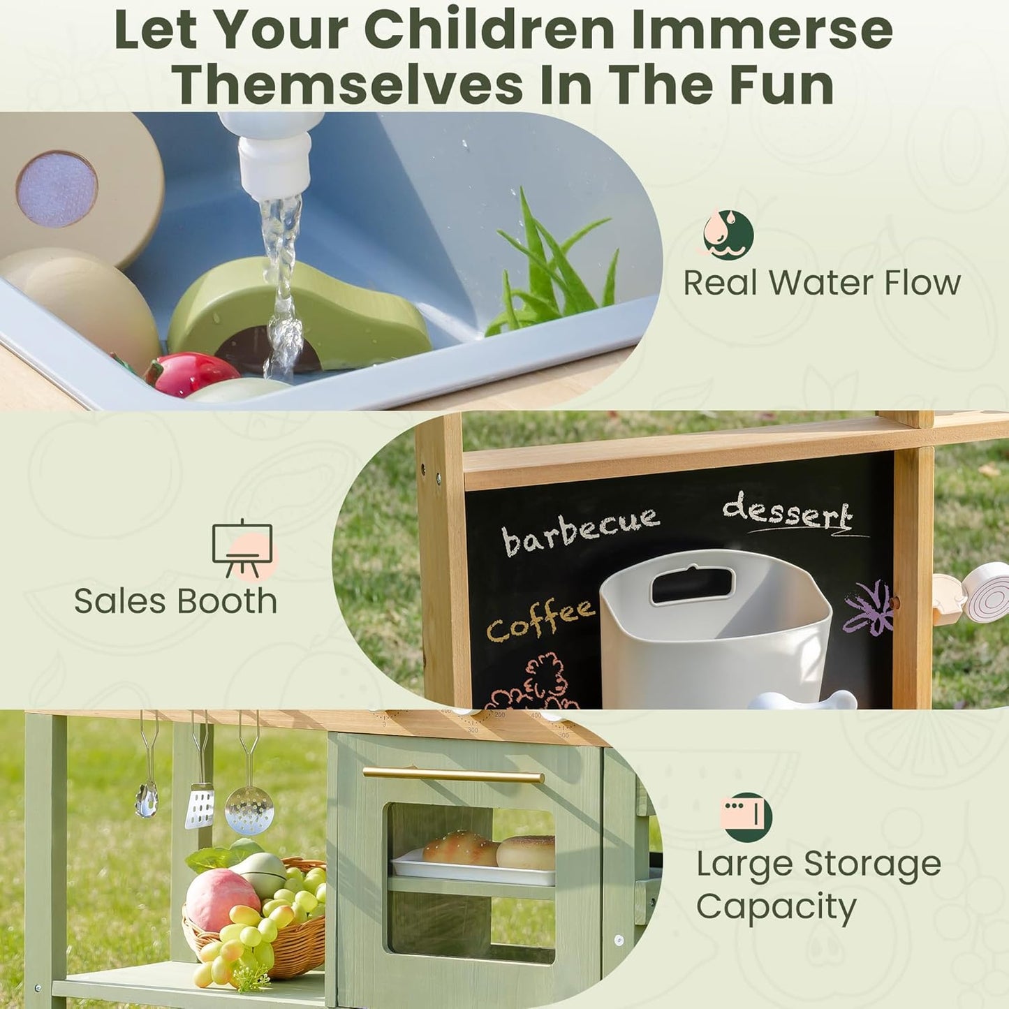 ROBOTIME Mud Kitchen for Kids, Outdoor Wooden Playset with Mud Kitchen, Sink, BBQ Grill, Coffee Maker, Planting Area & Oven, Pretend Play Kitchen for Outdoor Fun Ages 3+