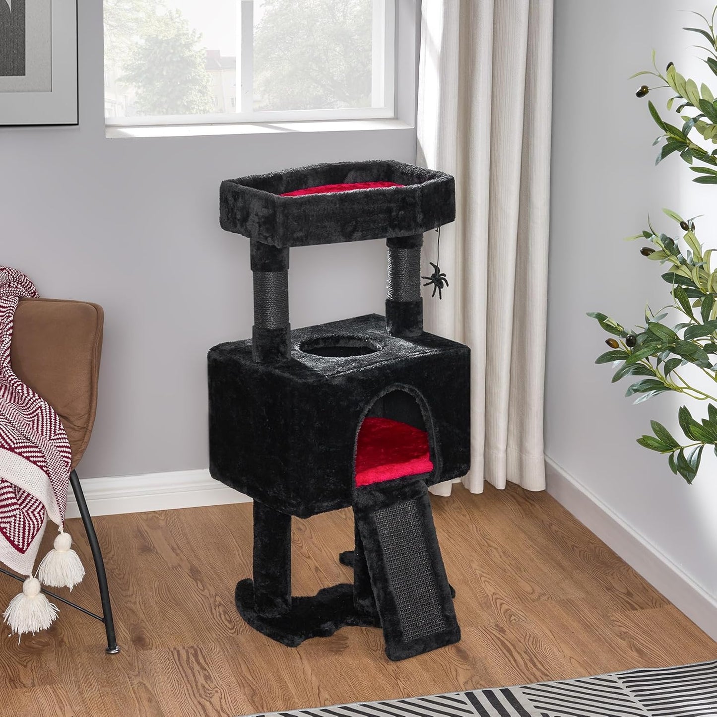 BEWISHOME 33.6in Cat Tree Tower for Indoor Gothic Cat Trees with Coffin Bed, Cat Condo Cat House with Scratching Posts, Cat Shelves with Spider Toy, Pet Play Activity Center Black with Red, MMJ95R