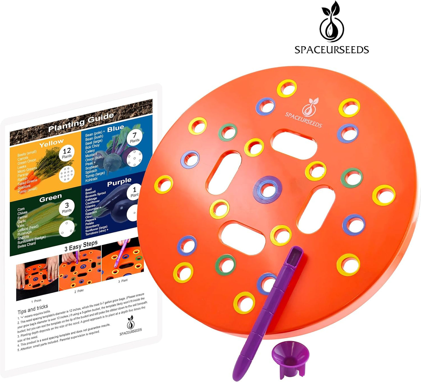 Round Seed Planting Template – Patented Color-Coded Garden Spacing Tool Kit with Seed & Seedling Spacer, Dibber with Seed Spoon & Laminated Vegetable Growing Guide