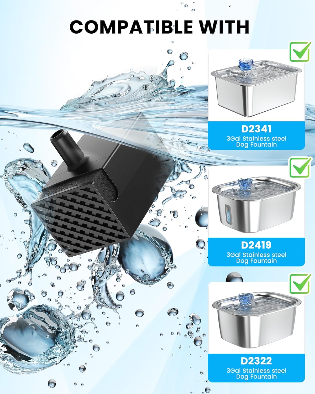 Dog Water Fountain Pump Replacement for Stainless Steel Pet Water Fountain for Large Dogs, Replacement Pump for D2223, D2341, D2322,D2419 Models, Quiet and Safe