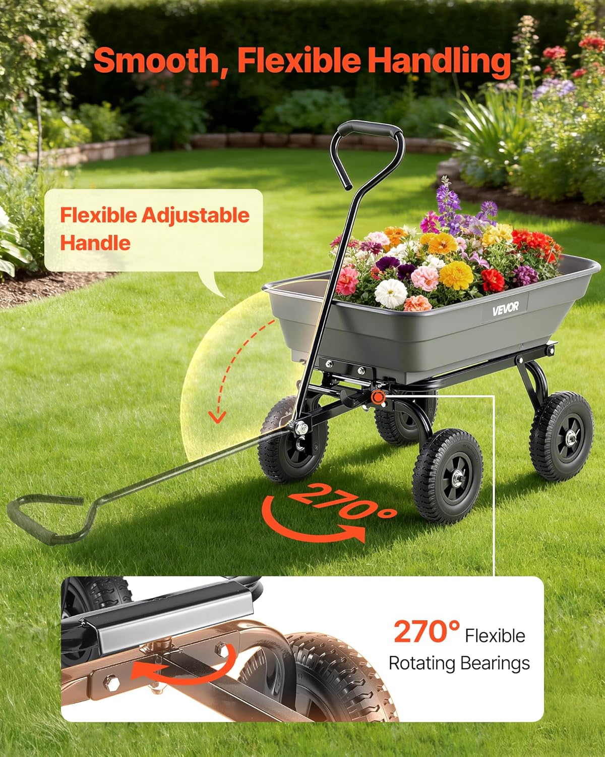 VEVOR 400LBS Wheelbarrow, Poly Garden Dump Cart Wagon with 8" Flat Free Tires, Heavy Duty Wheel Barrow Yard Cart Dump Wagon with Quick-Release System