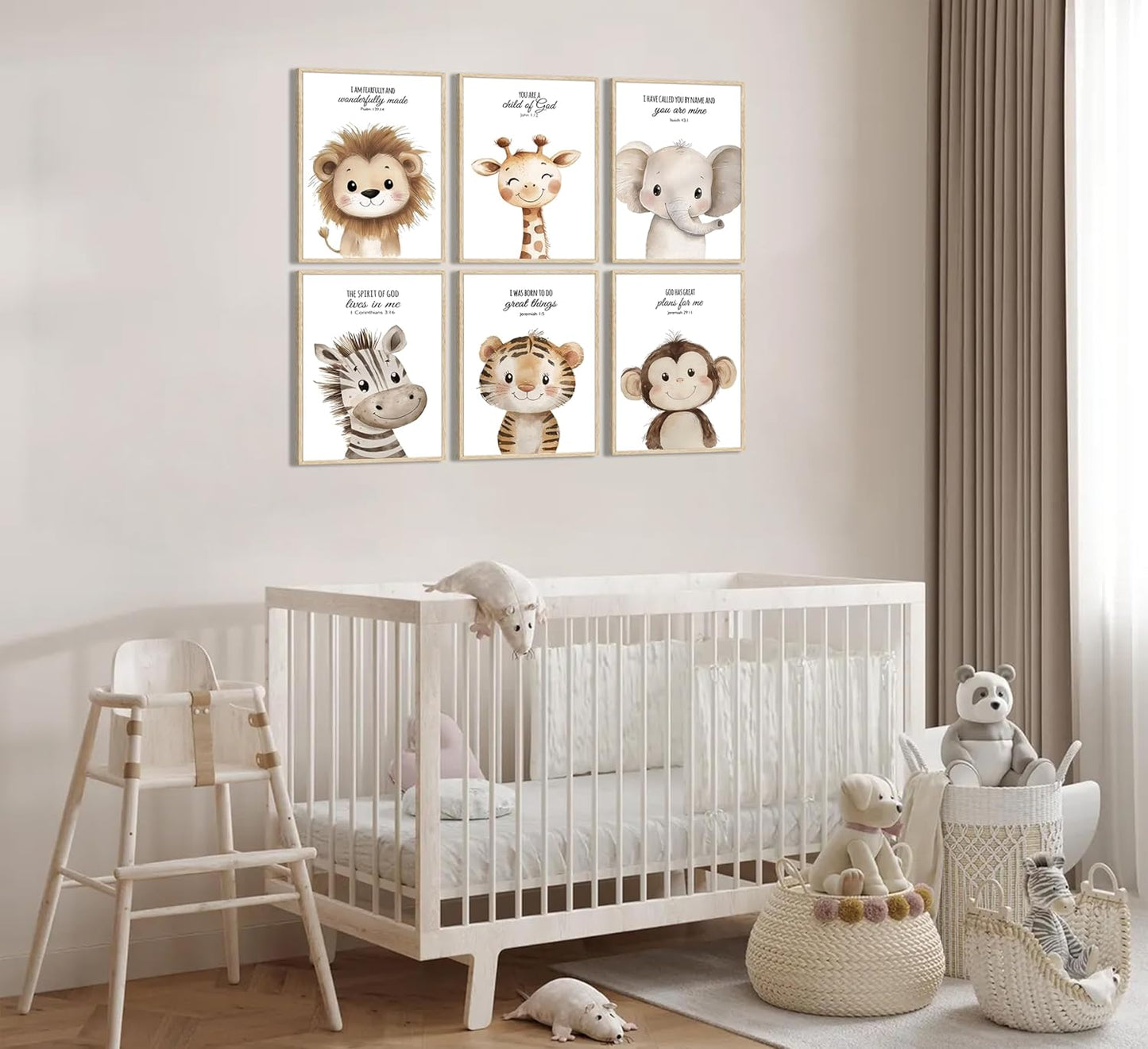 6Pcs Nursery Bible Verse Animal Wall Art Cute Woodland Animals Christian Picture Wall Decor Lions Elephant Giraffe Poster Print Artwork for Classroom BabyBedroom Boys Girls Home Decoration Unframed