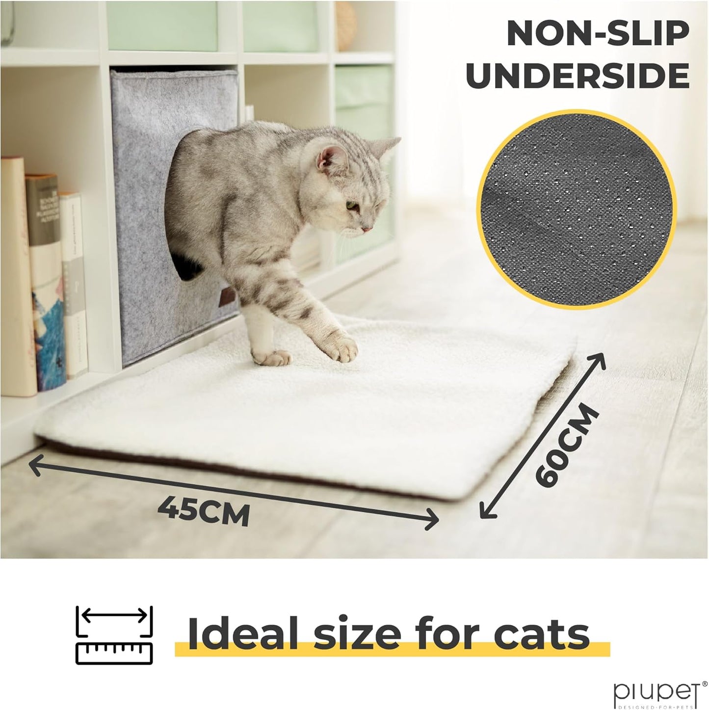 PiuPet® Self Heating Cat Bed 23.5 x 17.7inch - Thermal Self Warming Cat Mat for Indoor & Outdoor Use - Extra Soft Fluffy Blanket, Non-Electric Pad, Non-Slip Bottom, Removable & Washable Cover (White)