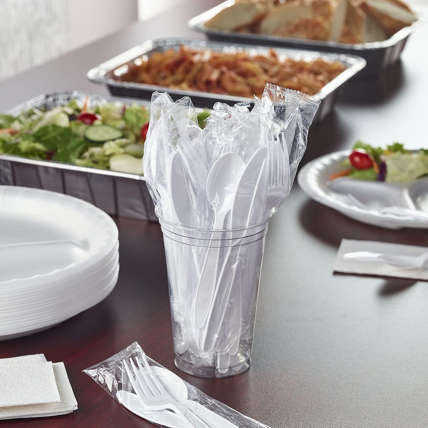 Hefty Wrapped Disposable Plastic Utensils Set, 150 Count, White Disposable Utensils for Picnics, BBQs, Camping, Parties, and More, Includes Forks, Spoons, and Knives