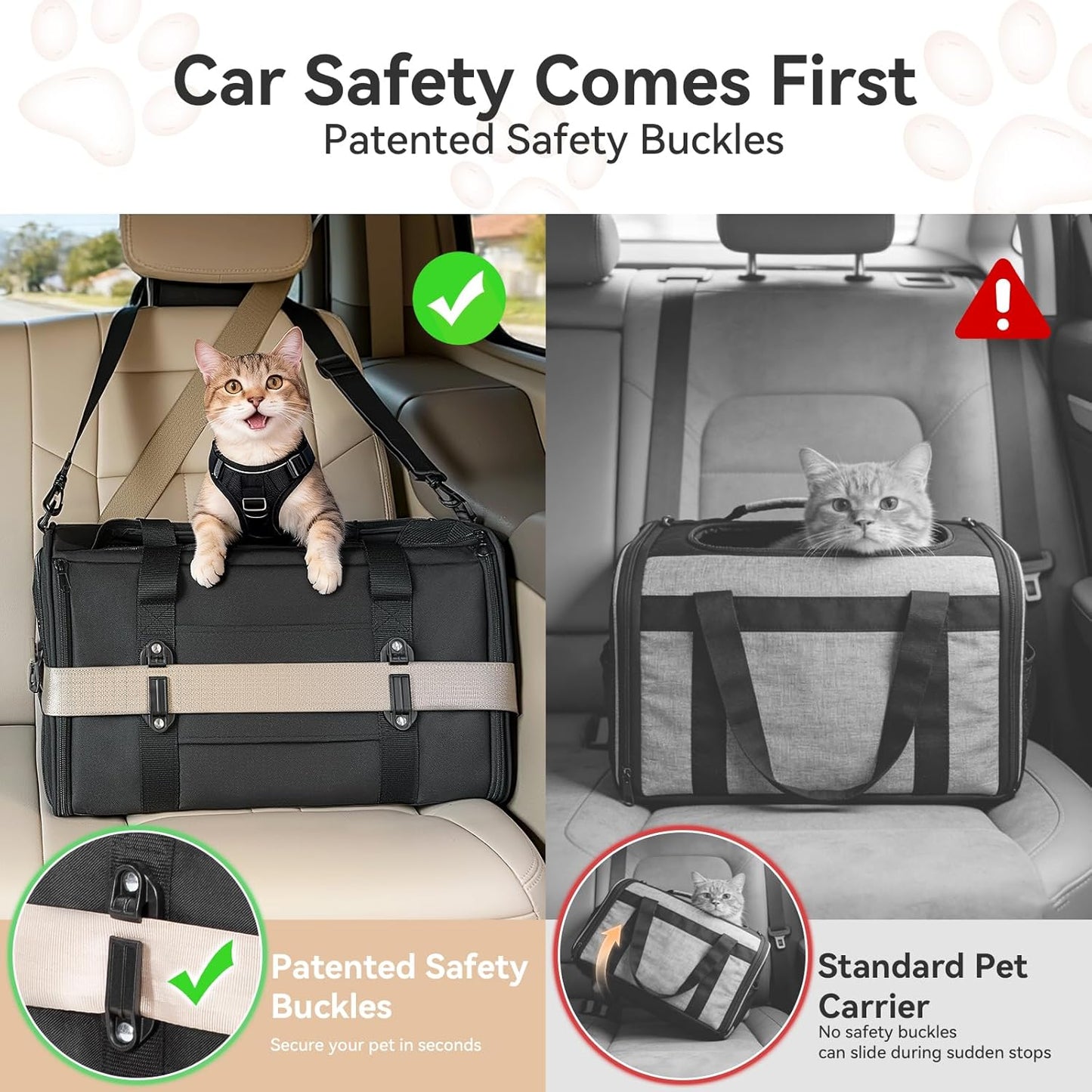 PETSFIT Soft-Sided Cat Carrier with Patented Safety Buckles, Lockable Zippers & Safety Tether,Escape-Resistant Travel Pet Carrier for Car Rides & Vet Visits, Airline Approved Under-Seat, Up to 12 lbs