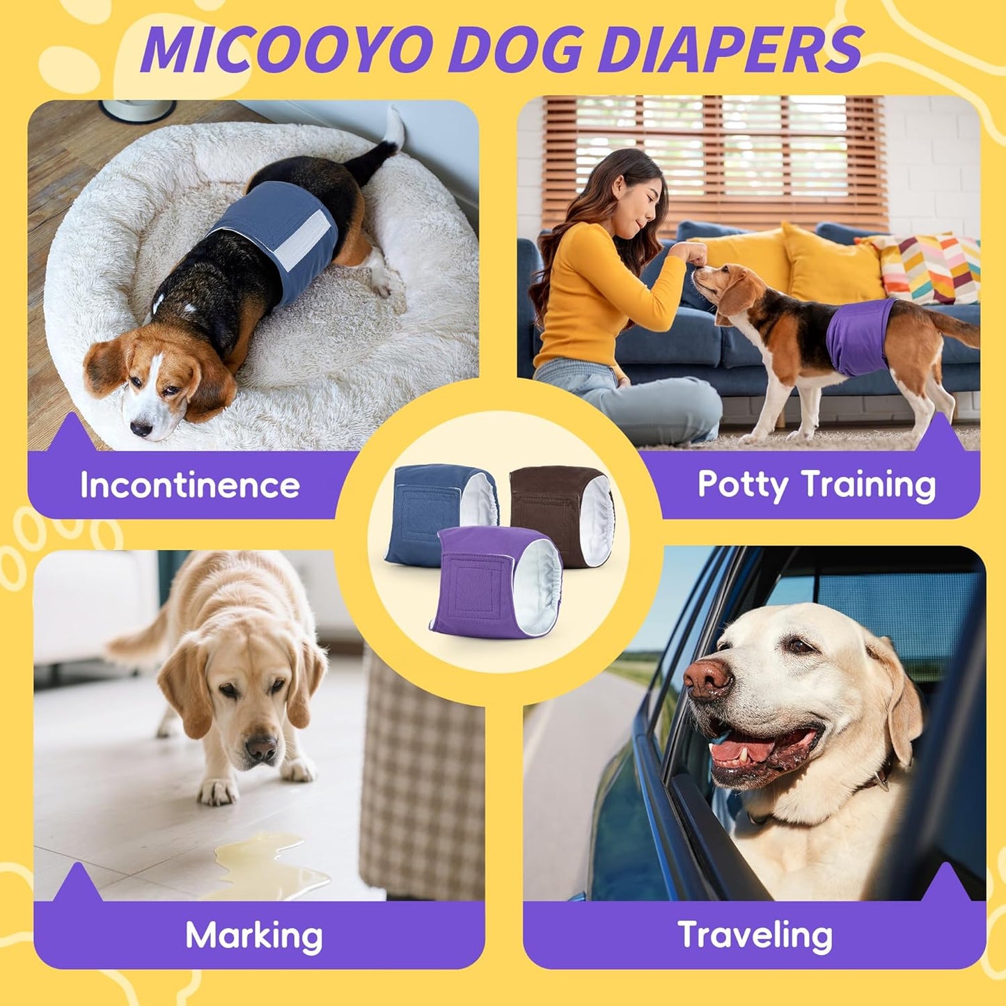 MICOOYO Male Dog Belly Bands Washable, Reusable Dog Diapers Male, Doggy Diapers for Puppy Training, Incontinence, Marking, S, Pack of 3