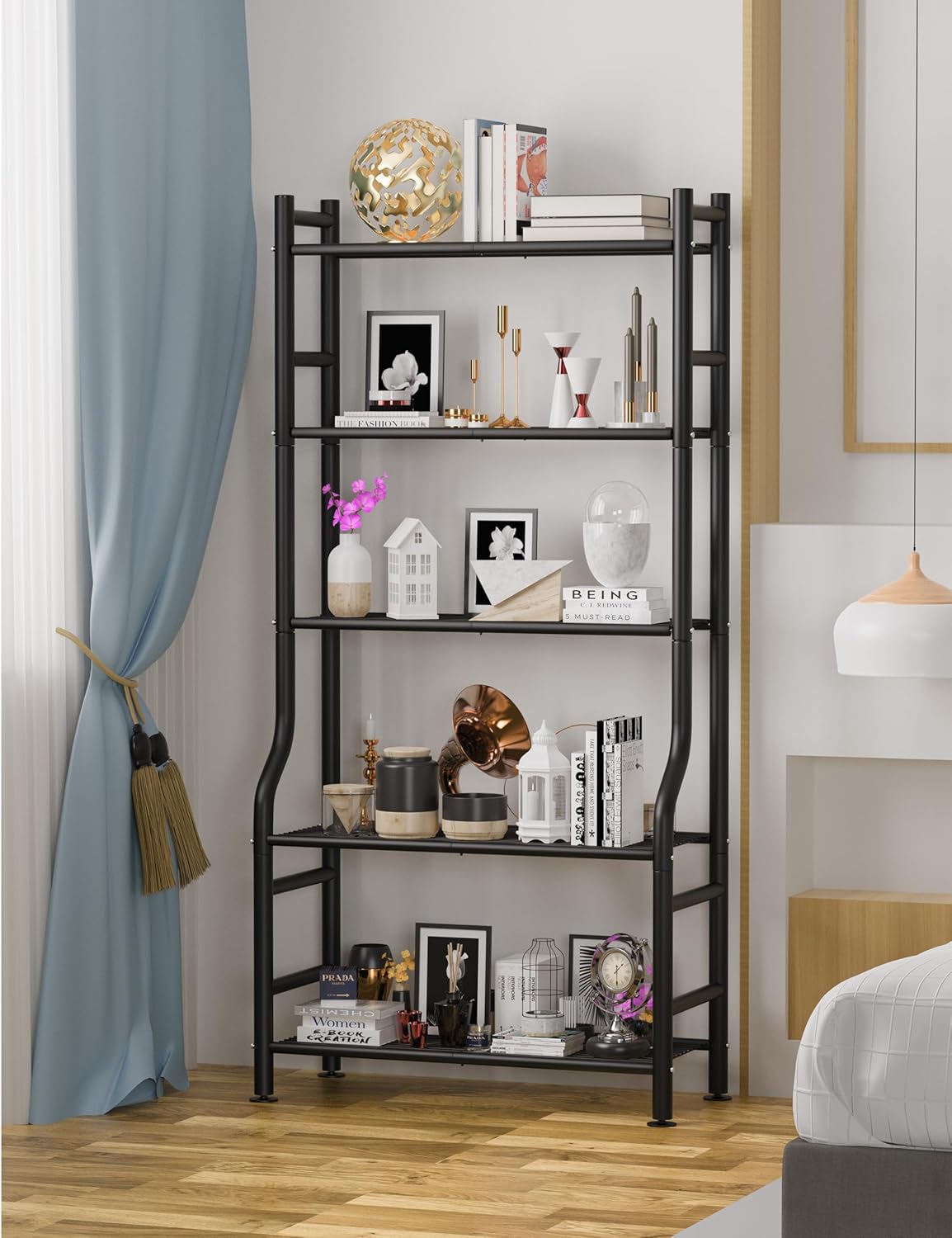 5-Tier Plant Stand Indoor Outdoor, 64" Tall Metal Ladder Shelf for Multiple Flower Pot Holder, Waterproof Corner Garden Rack for Balcony Living Room, Black
