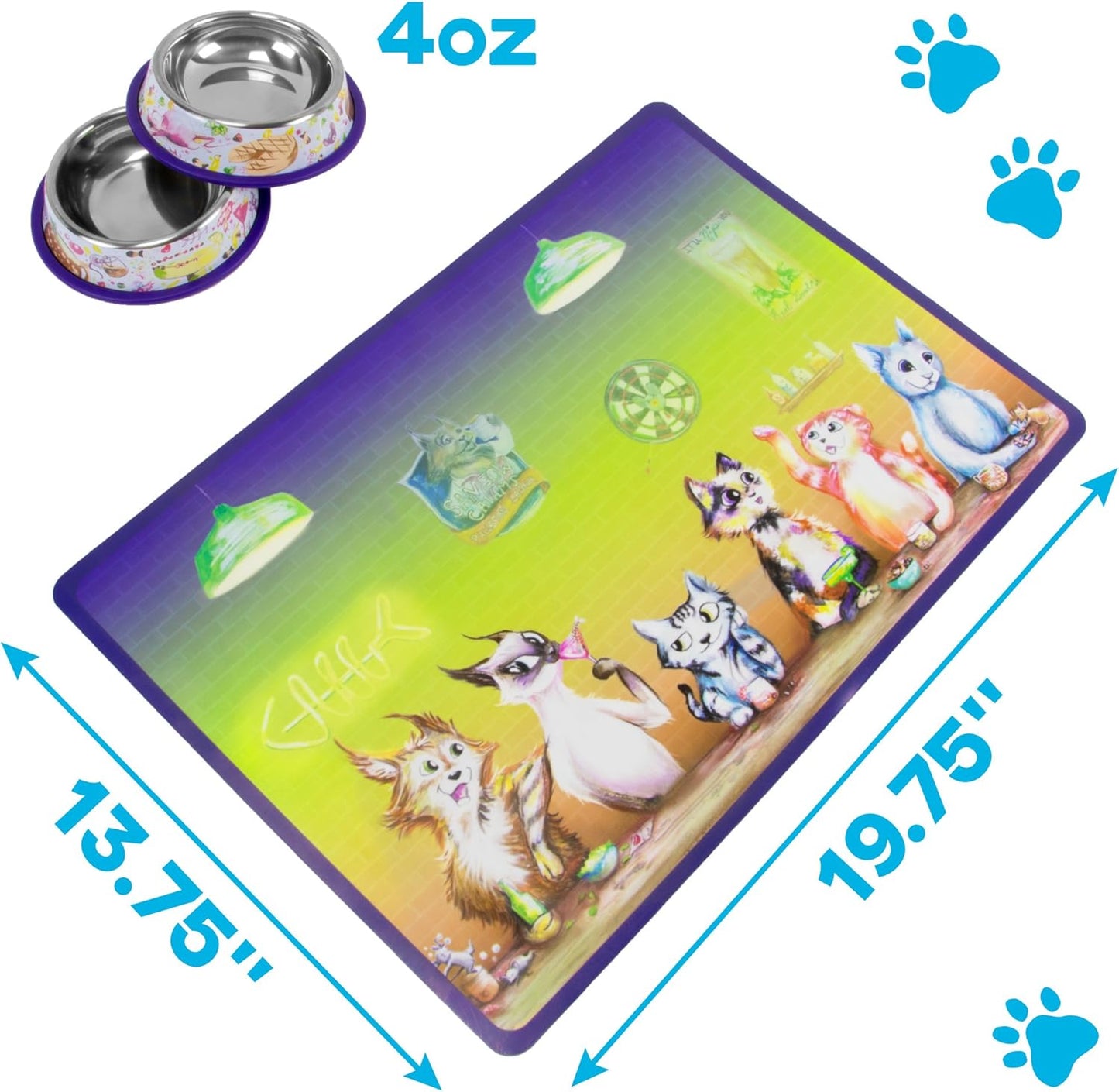 Weebo Pets 3-in-1 Cat Food & Water Bowls with Mat Set - Cat Tales: The Regulars Premium 4 oz. Stainless Steel Dishes with Food-Grade Silicone Feeding/Litter Box Mat