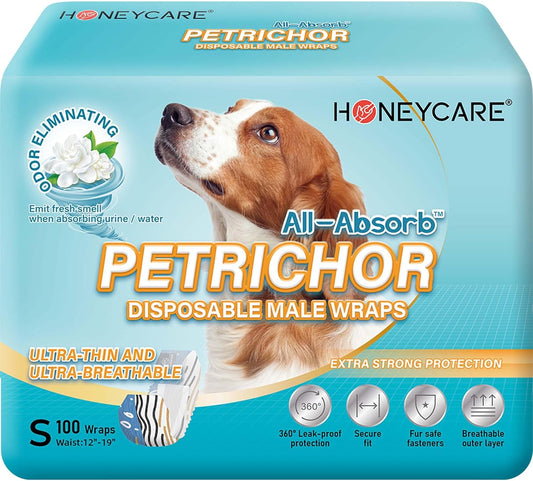 HONEY CARE All Absorb Petrichor Male Dog Wrap, Fresh Smell Dog Diaper, Disposable, Small, White, 100 Count