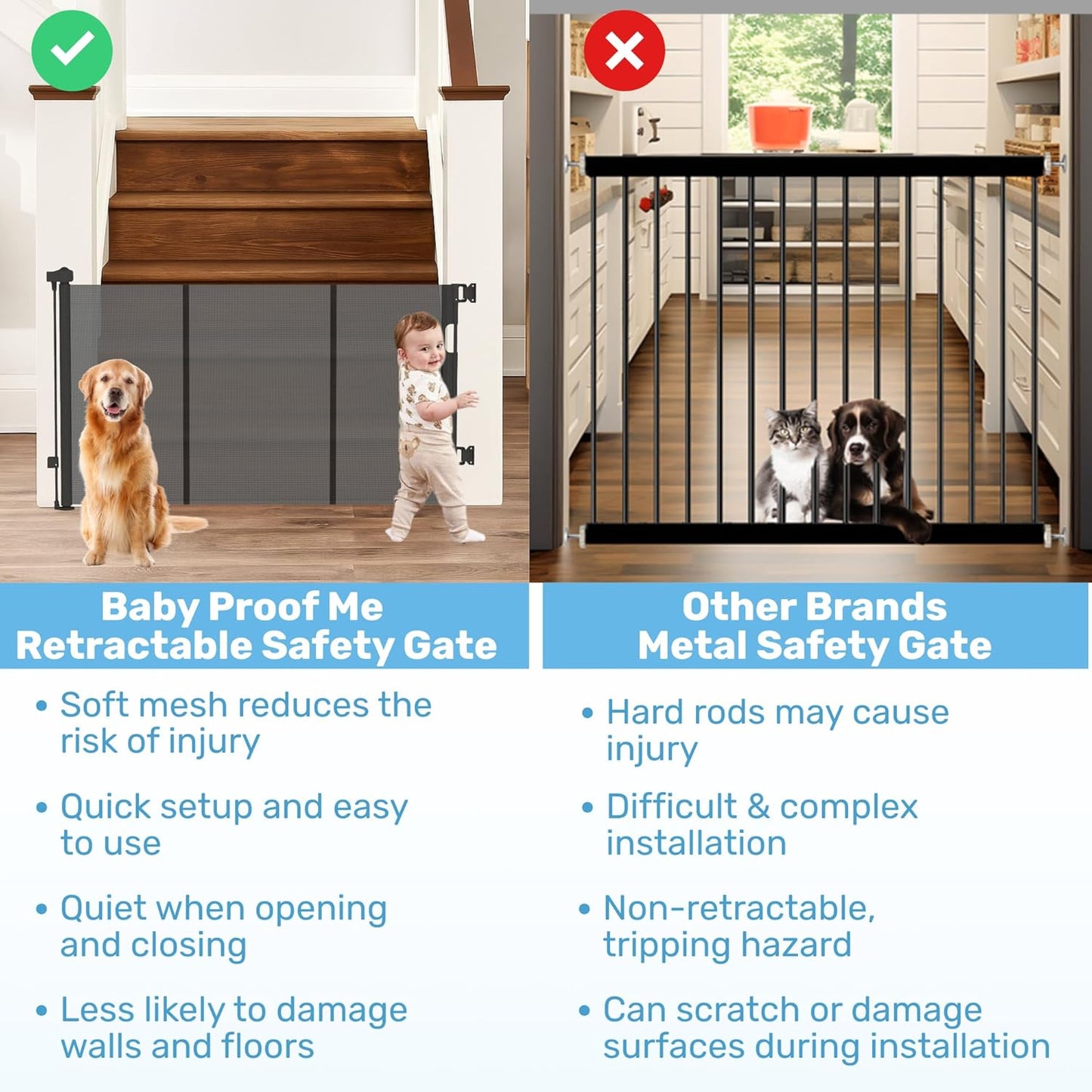Retractable Baby Gates for Stairs & Doorways - 71” Wide Mesh Safety Gate for Toddlers, Dog & Pets - Use for Indoor/Outdoor, Hallways, Deck, Porch - Easy Installation, Secure Closure