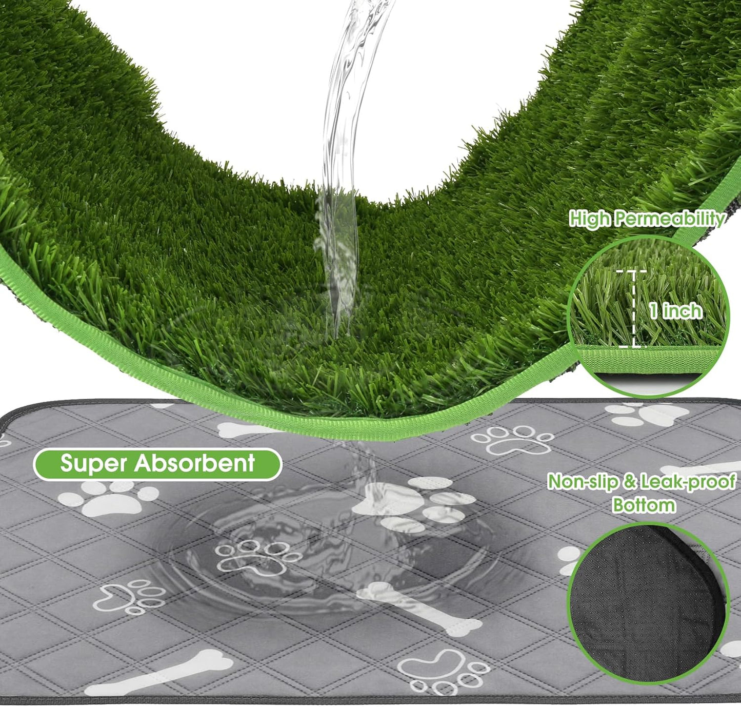 Dog Grass Pad with Washable Pee Pad - 28"x18" Artificial Grass Puppy Training Mat, Non-Slip & Super Absorbent, Reusable Indoor/Outdoor Potty Solution for Small/Medium Dogs