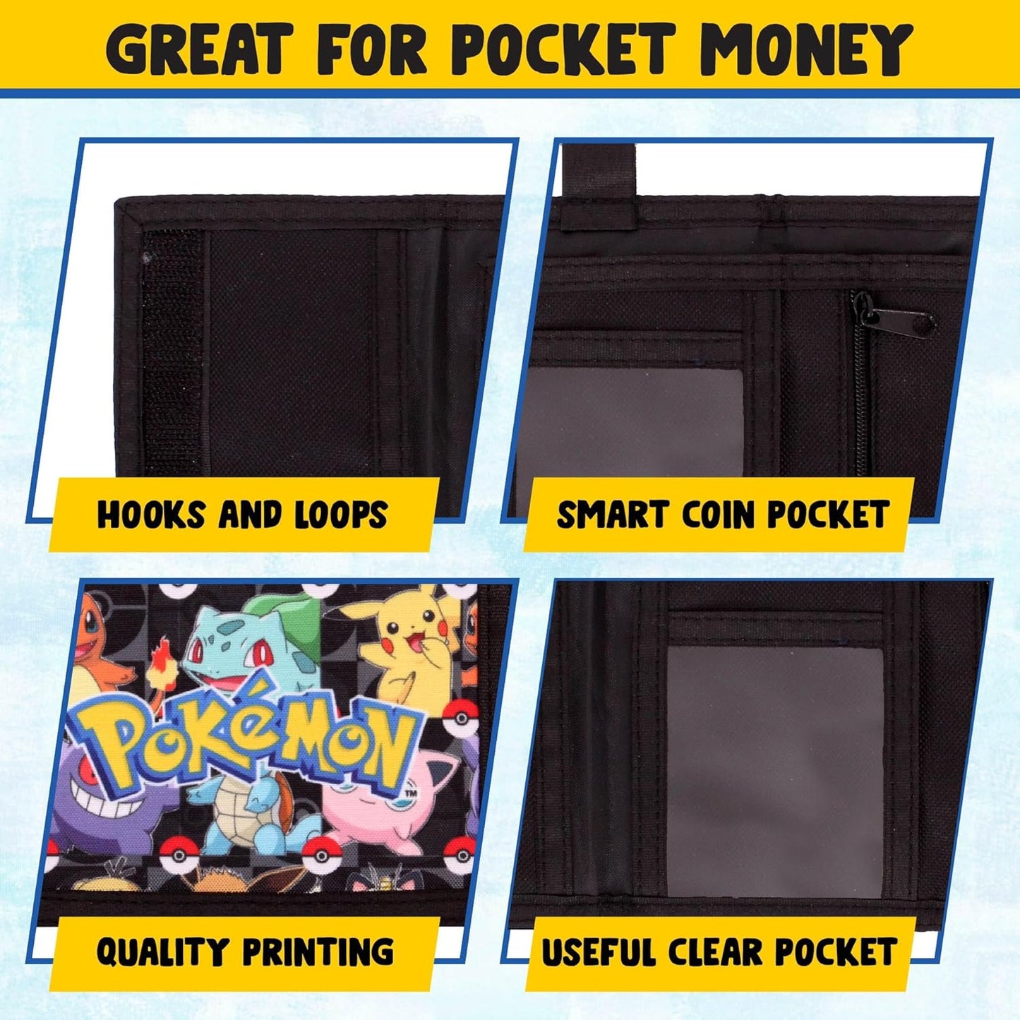 Pokemon Wallet for Boys and Girls, Kids Trifold Purse Canvas Wallets with Zip, Coin and Card Holder - Featuring Charmander & Pikachu