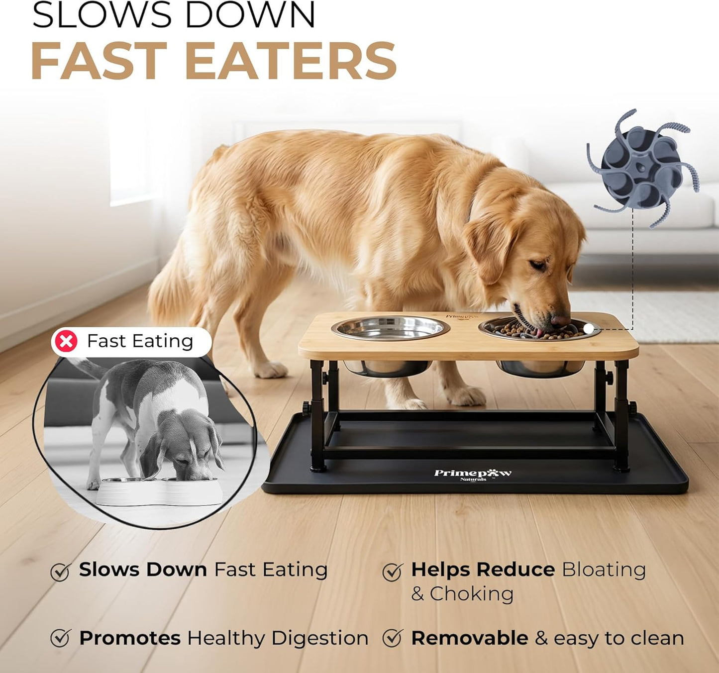 Adjustable Elevated Dog Bowls – Raised Dog Feeding Station with Bamboo Stand, 2 Stainless Steel Bowls, Slow Feeder Insert & Silicone Mat – Dog Bowls with Stand for Small & Medium Dogs
