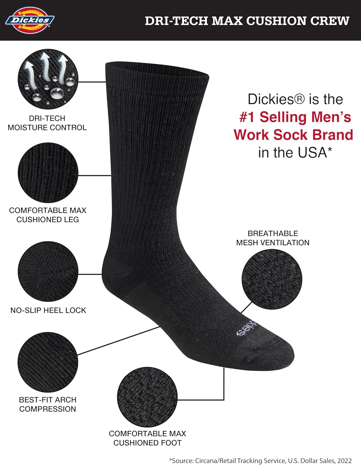 Dickies Men's Dri-tech Moisture Control Max Full Cushion Crew Socks, Available in M-xl (6, 12 Pairs)