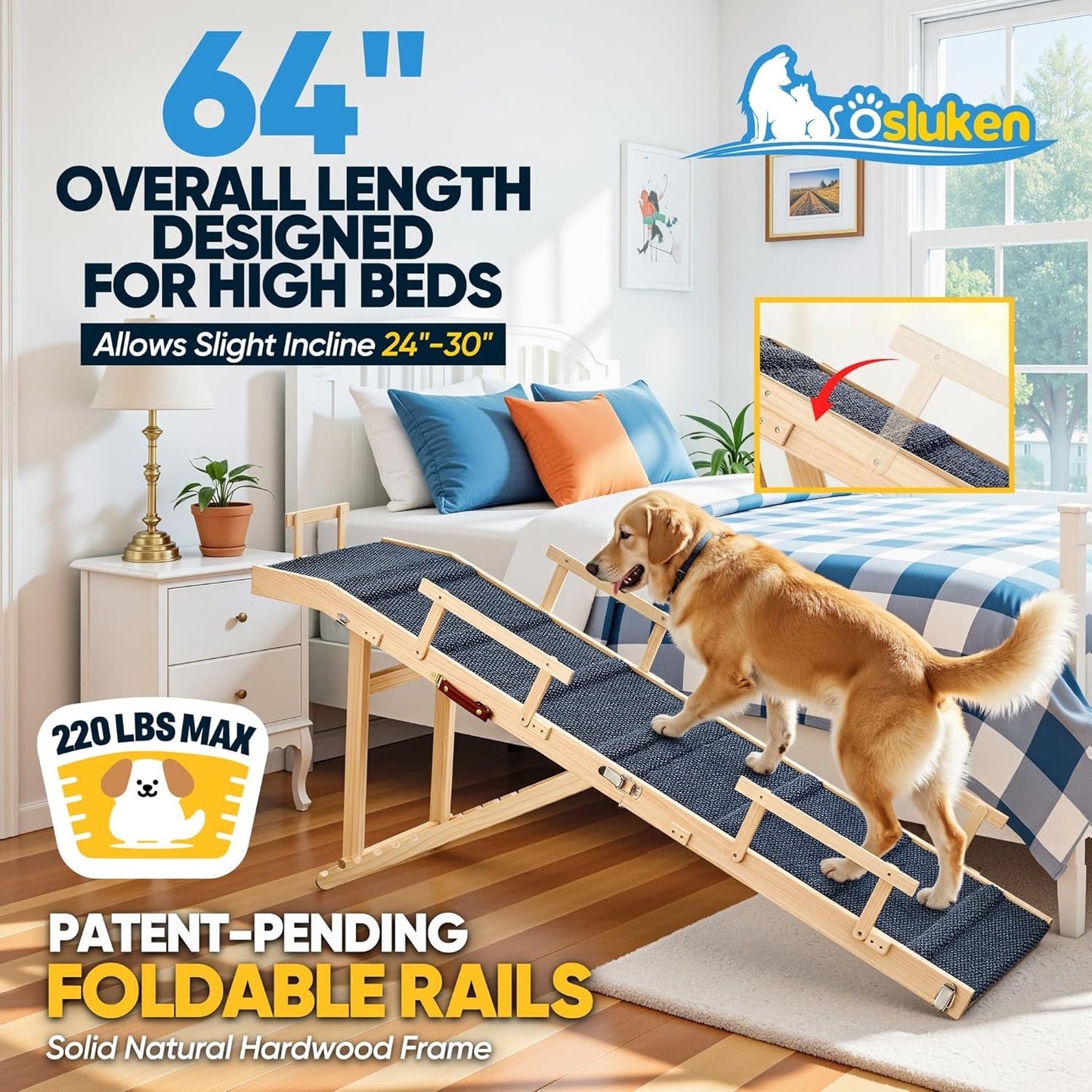 Dog Ramp for Bed with Rails, 64" Long Foldable Pet Ramp for Small Large Dogs, Dog Ramps for High Beds with Safety Side Railng, 6 Adjustable Heights 24" to 30" Up to 220LBS (Gray, 63" X 17inch)