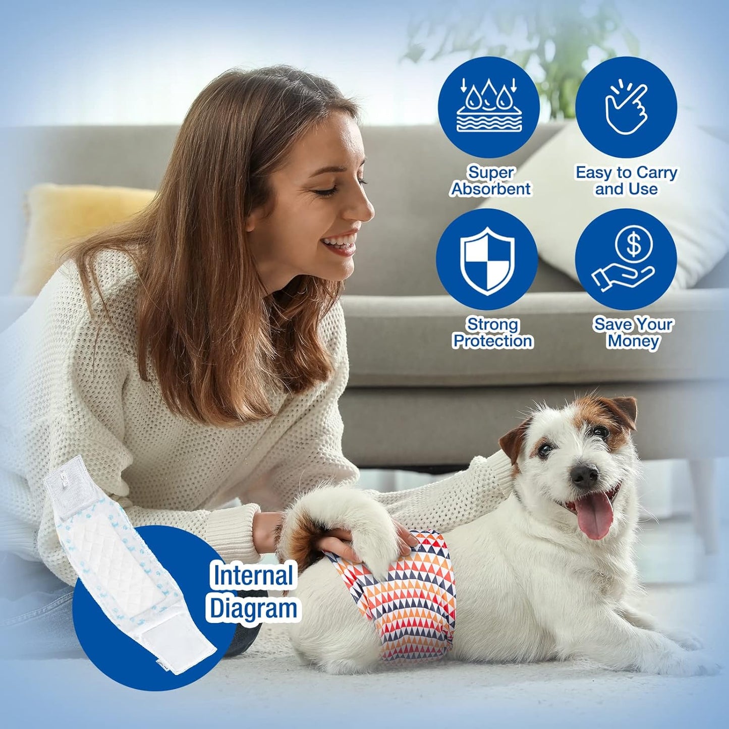 Pet Soft Disposable Dog Diaper Liners Booster Pads - Fit for Most Washable Dog Diapers & Dog Belly Bands Wraps, Ultra Absorbent for Marking, Incontinence, Female in Heat (Blue,S-50)