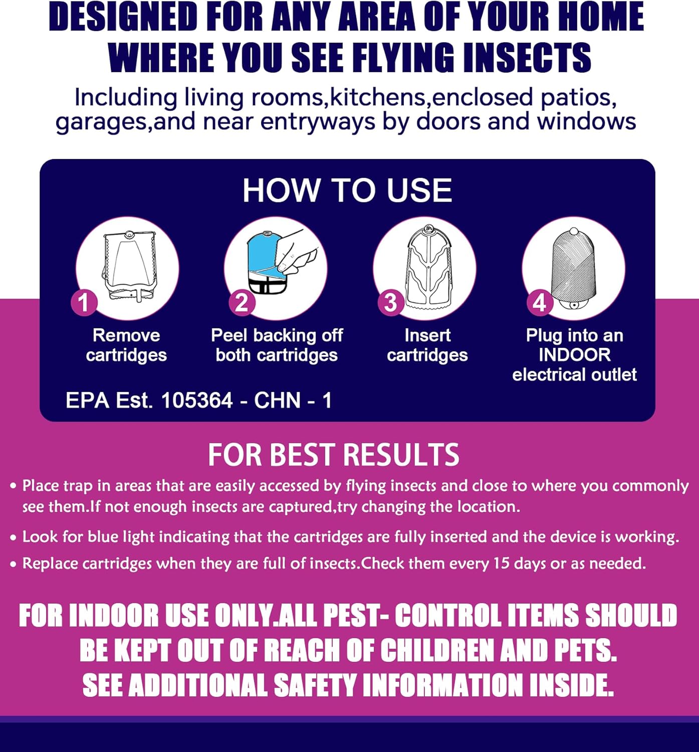 Flying Insect Trap (1 Stater & 3 Refill Cartridges), UV Light Indoor Bug Catcher for Gnats, Fruit Flies, Mosquitoes, and Moths, Plug-in Fly Trap for Home, Kitchen, Living Room