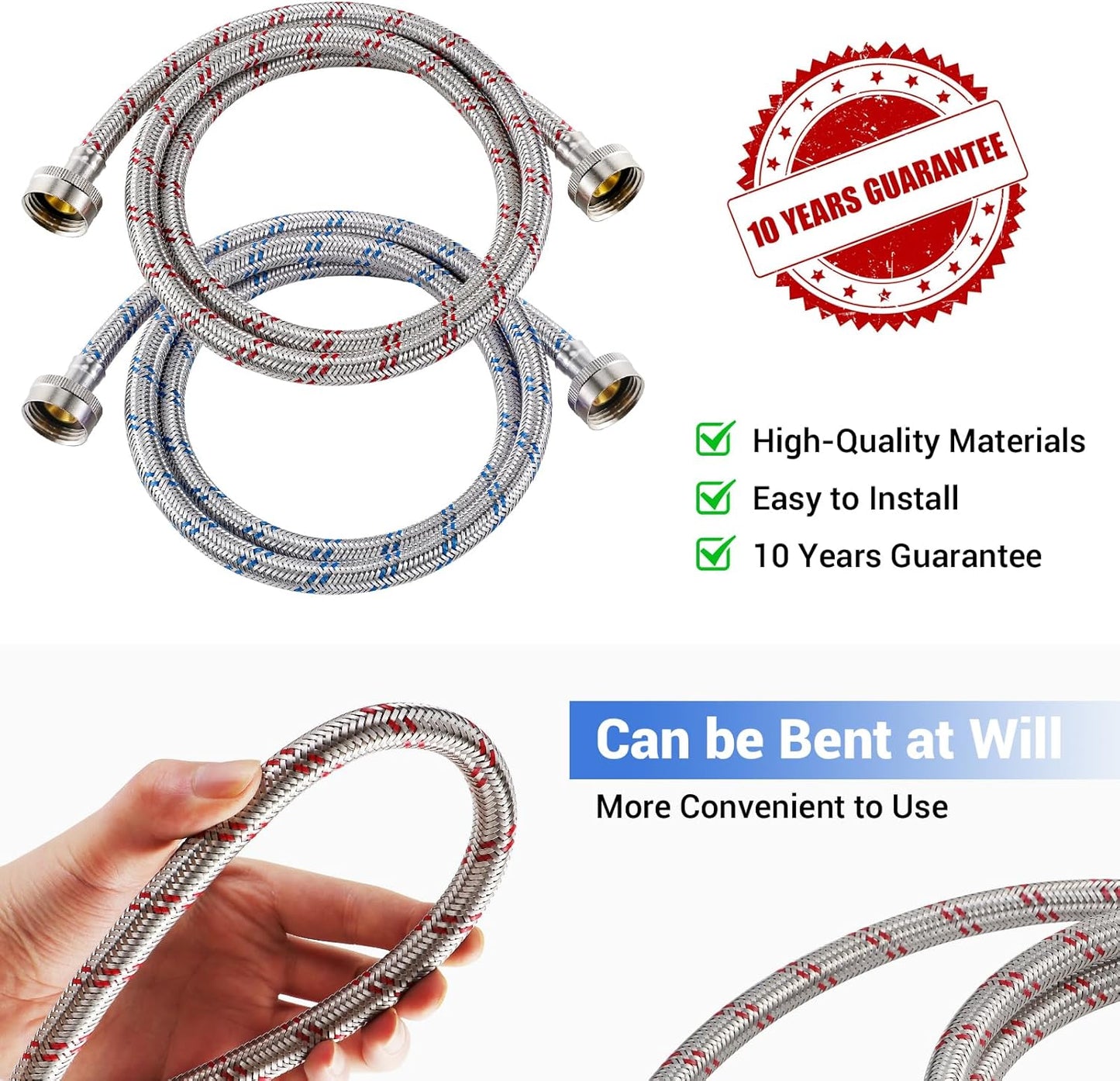 4 Ft Washing Machine Hoses, 2 Packs Premium Stainless Steel Washer Hoses Burst Proof, Hot and Cold Striped Water Supply Hoses with 3/4'' Standard Interface fit for ALL Washer
