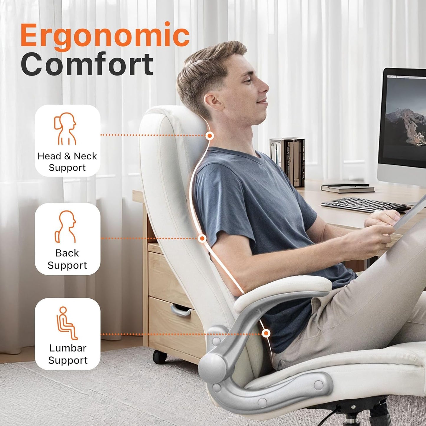 NEO CHAIR Ergonomic Office Desk Gaming Computer Chair Executive High Back Support Flip-up Arms Adjustable Height Swivel Rolling Wheels Comfy PU Leather for Home (White)