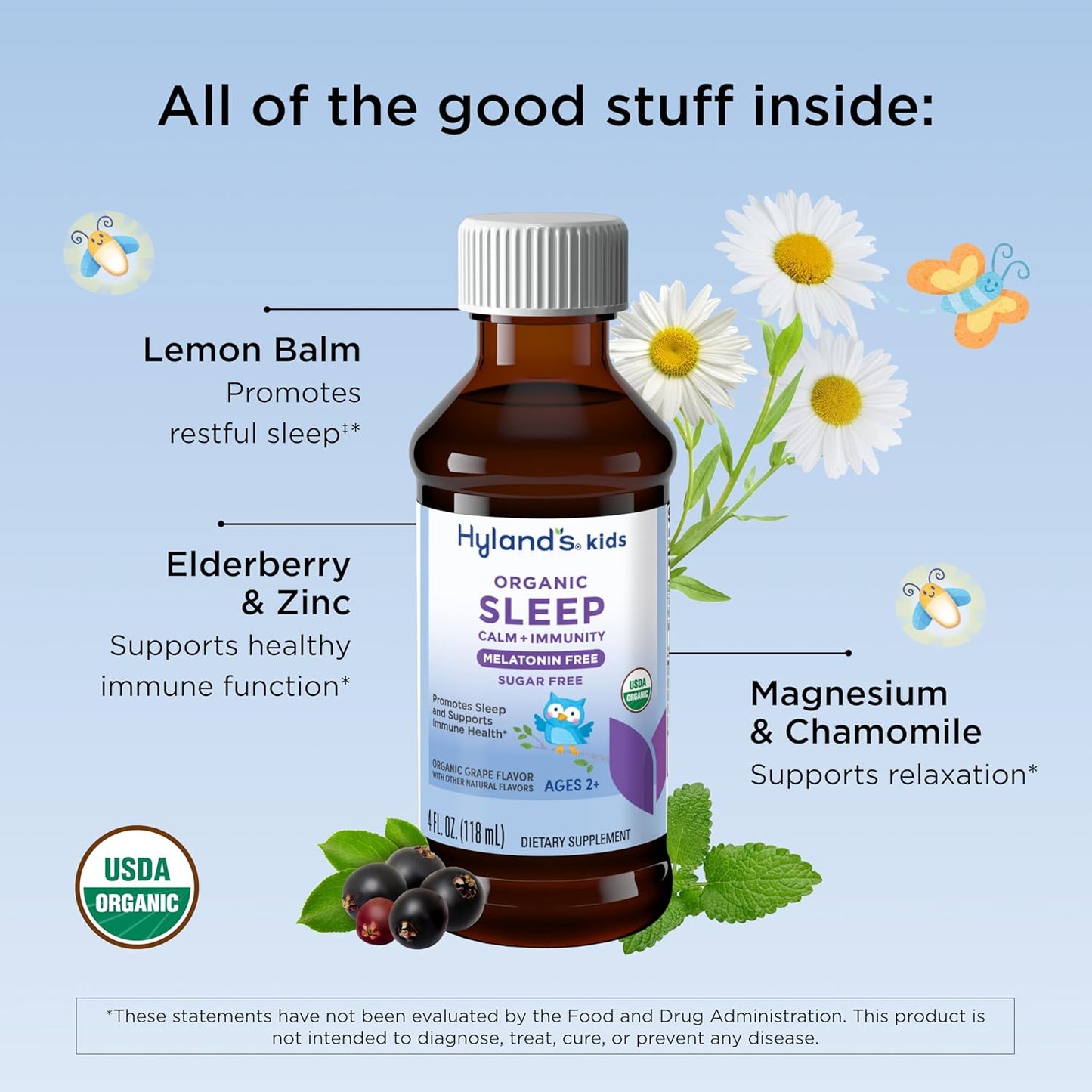 Hyland's Kids Melatonin-Free Organic Sleep Calm & Immunity Liquid, Sugar-Free with Magnesium, Vitamin D, Zinc & Elderberry, Promotes Sleep & Supports Immune Health, Ages 2+, Grape Flavor, 4 Fl. Oz.