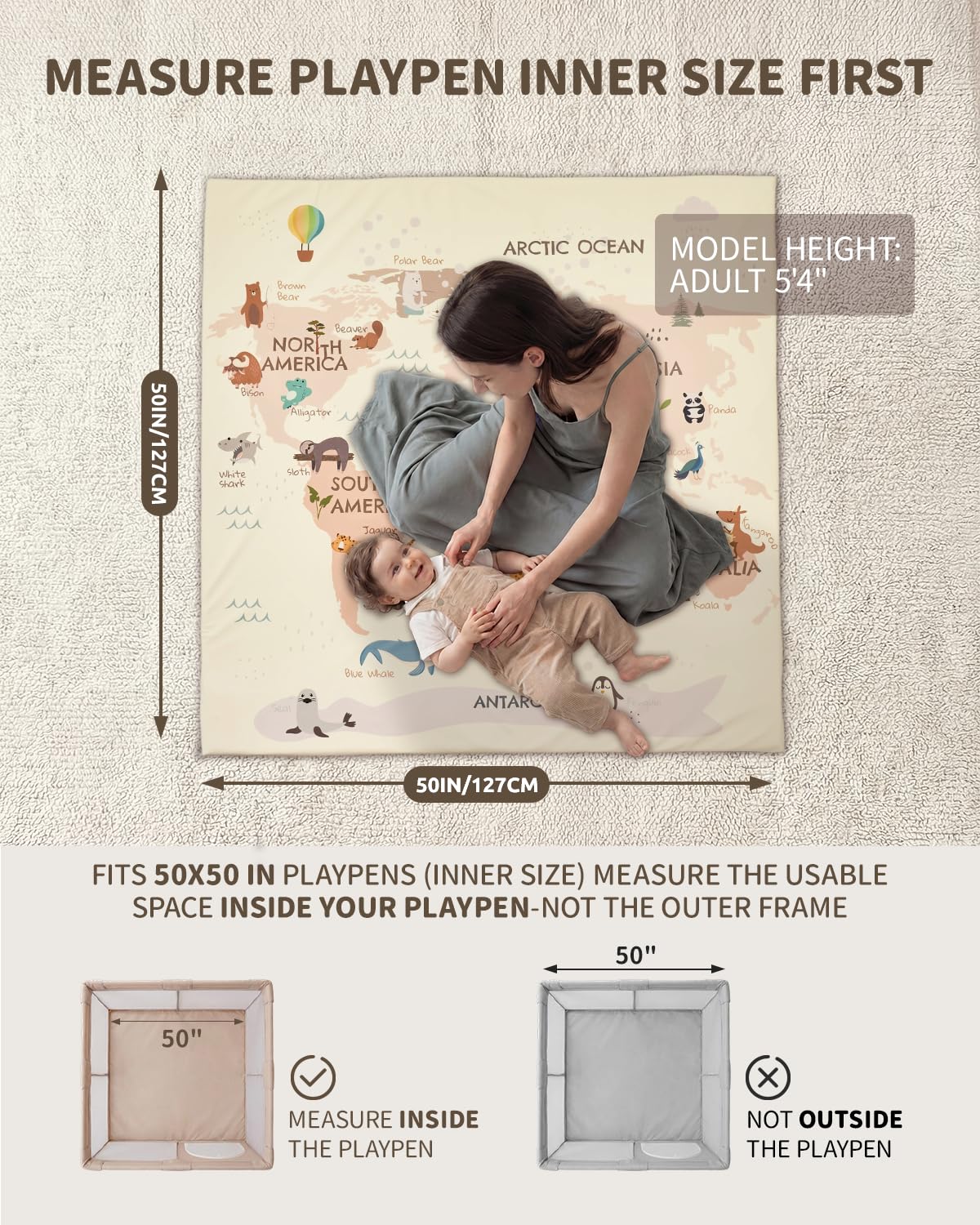 Baby Play Mat for Floor 50x50, 1.5” Thick Vegan Leather Crawling Mat with Removable Cover, Waterproof Playpen Mat for Infants and Toddlers, Wipe-Clean Kids Playmat, World Map