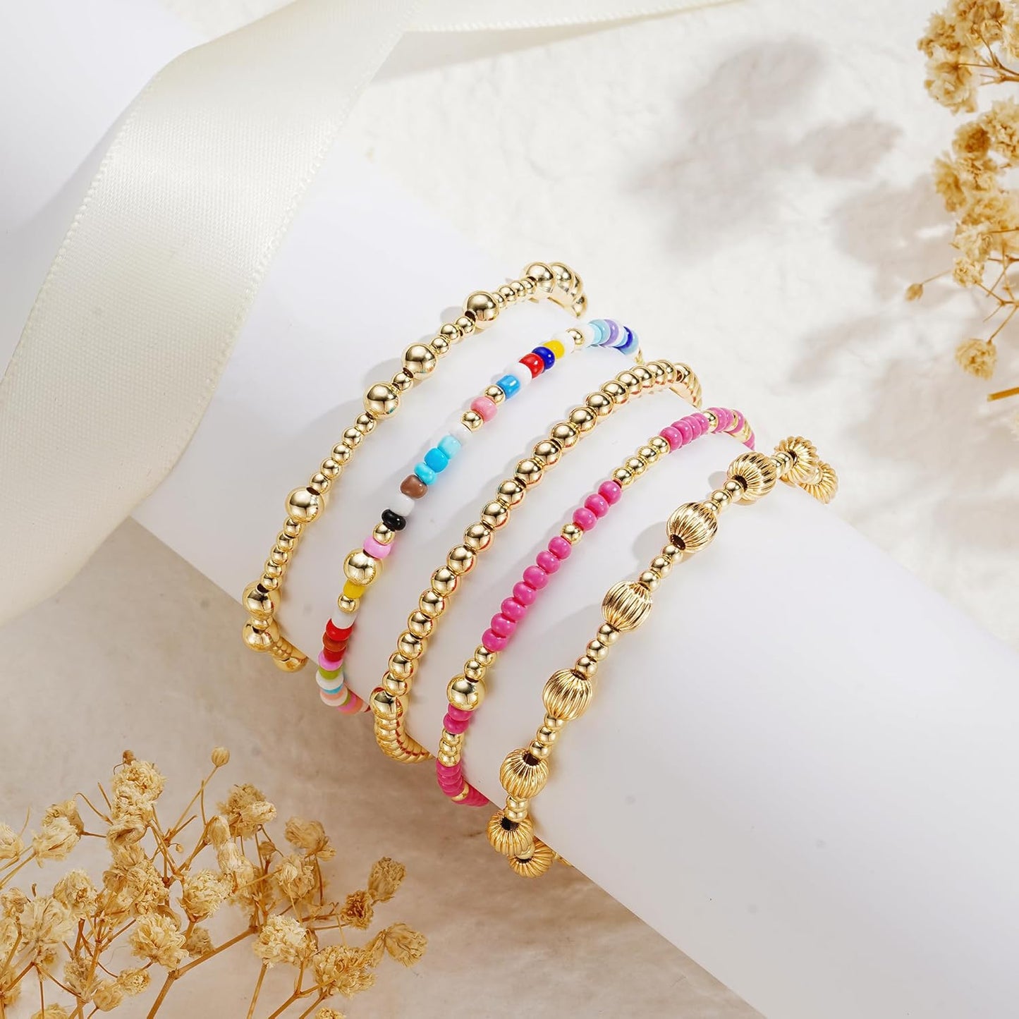 Turandoss Gold Beaded Bracelets for Women Girls - Dainty 14K Gold Plated Turquoise Cross Bead Bracelet Pearl Bracelets Set for Women Heishi Clay Beaded Bracelet Jewelry Gifts for Her