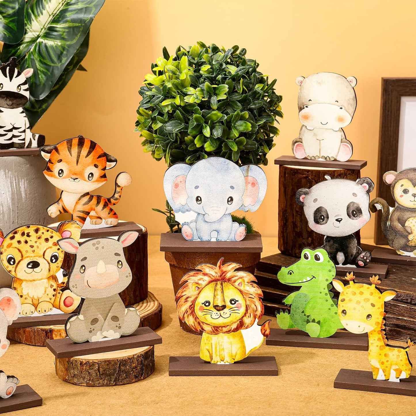 Yaomiao 12 Pcs Safari Jungle Animal Wooden Table Centerpiece Cutout Shapes Forest Painted Baby Shower Decorations Wild Creatures Wood Table Sign for Forest Camp Birthday Party Supplies