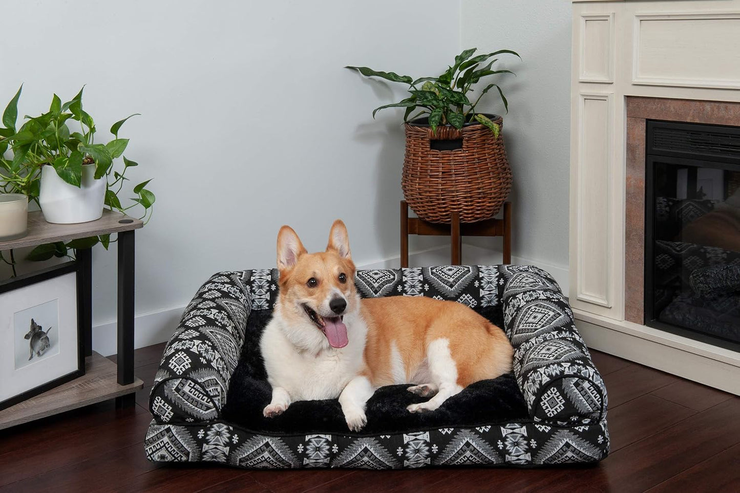 Furhaven Pillow Dog Bed for Large/Medium Dogs w/ Removable Bolsters & Washable Cover - Plush & Southwest Kilim Woven Decor Sofa - Black Medallion, Large