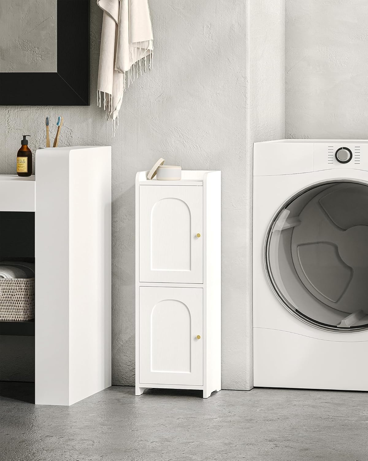 Bathroom Storage Cabinet, Small Corner Floor Cabinet with 2 Doors and Adjustable Shelf, Narrow Toilet Paper Cabinets, Bathroom Organizer for Small Spaces, 7.9" D x 9.8" W x 29.5" H White