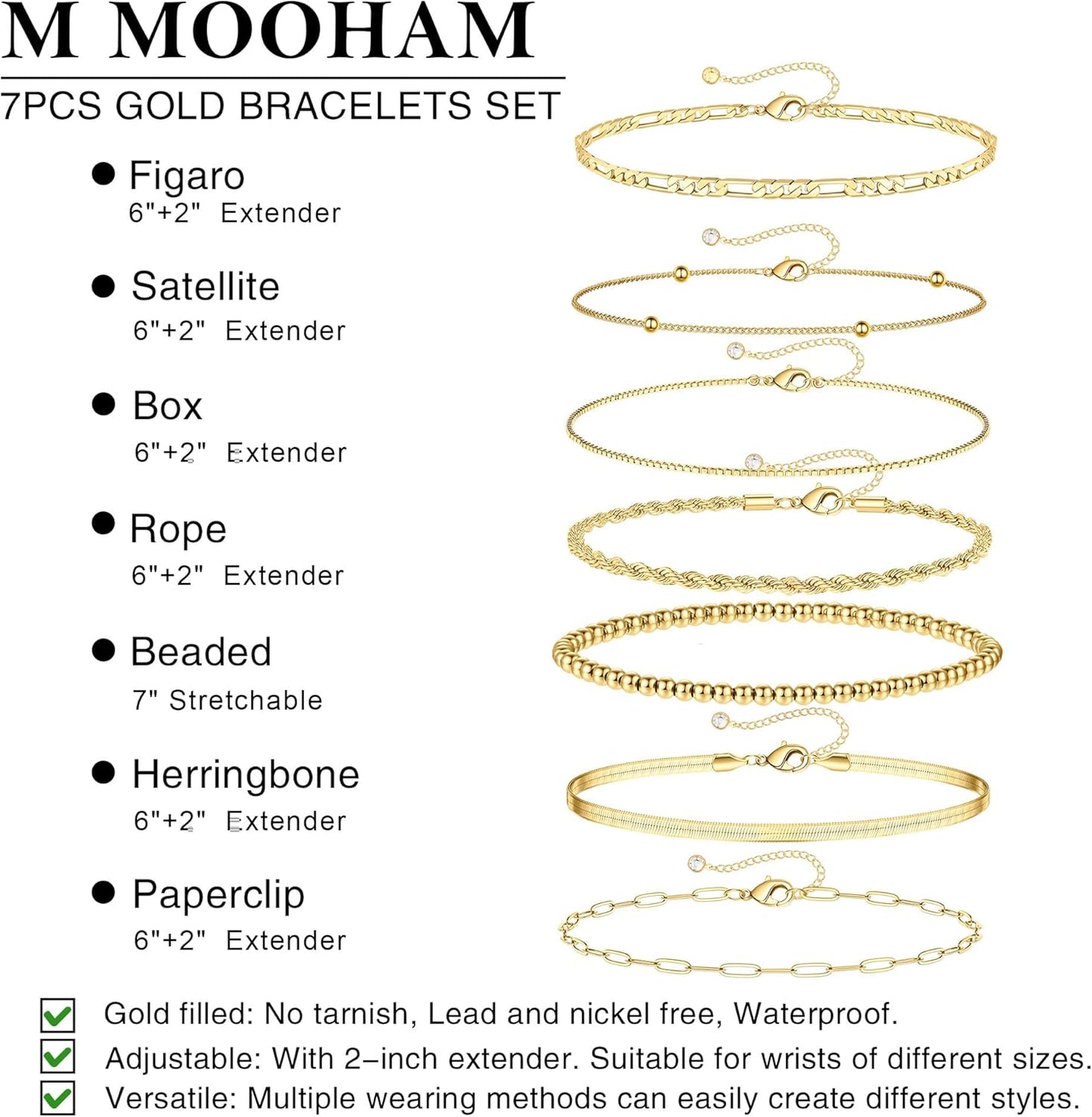 M MOOHAM Gold Bracelets for Women - 14K Real Gold Plated Beaded Bracelets Set Rope Paperclip Chain Stackable Bracelet Non Tarnish, Friendship Birthday Jewelry Gifts for Women Teen