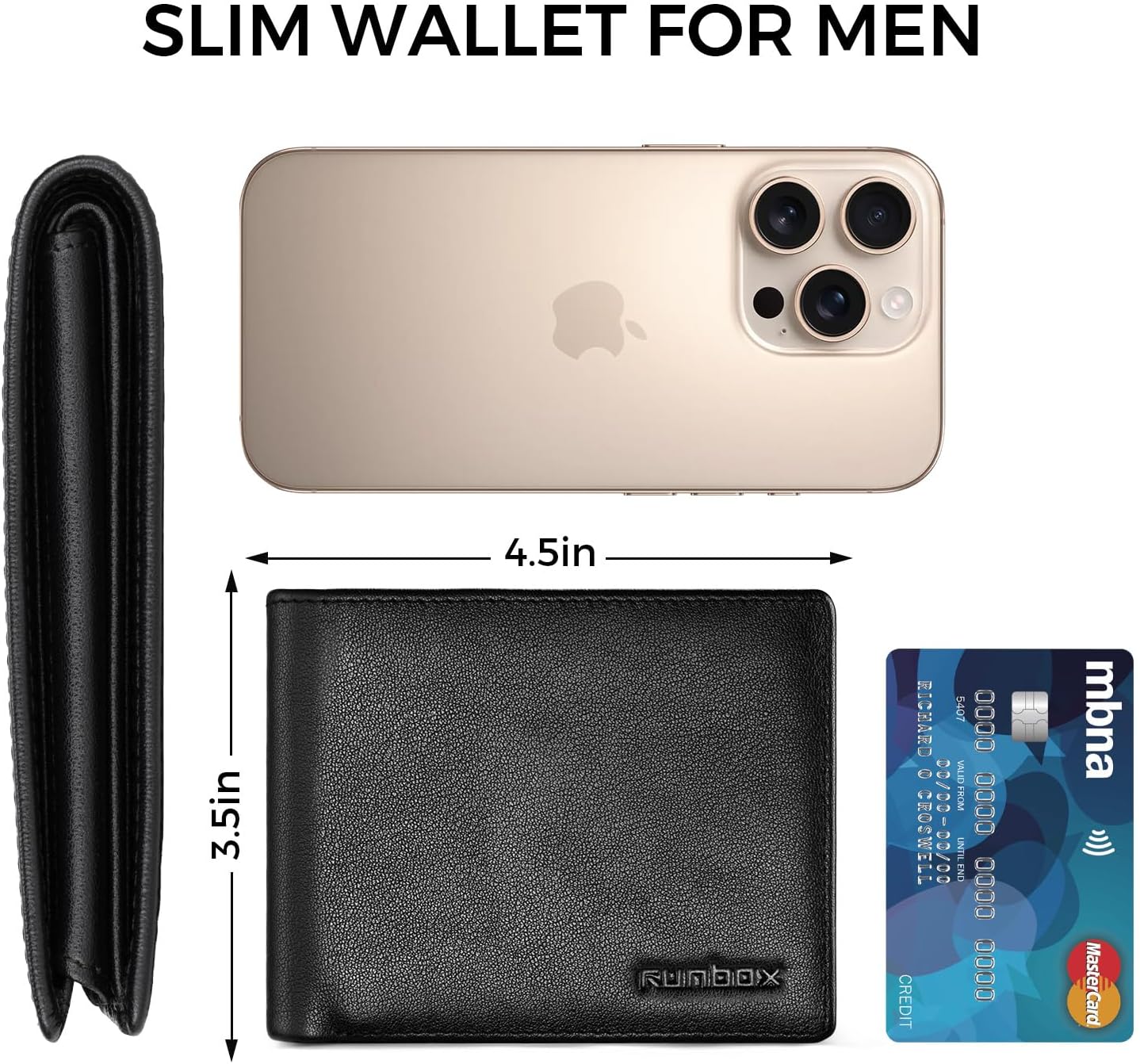 RUNBOX Leather Wallet for Men, Genuine Leather Mens Wallet Bifold Rfid Blocking with 12 Cards and 2 ID Windows, Minimalist Wallet for Men with Gift Box